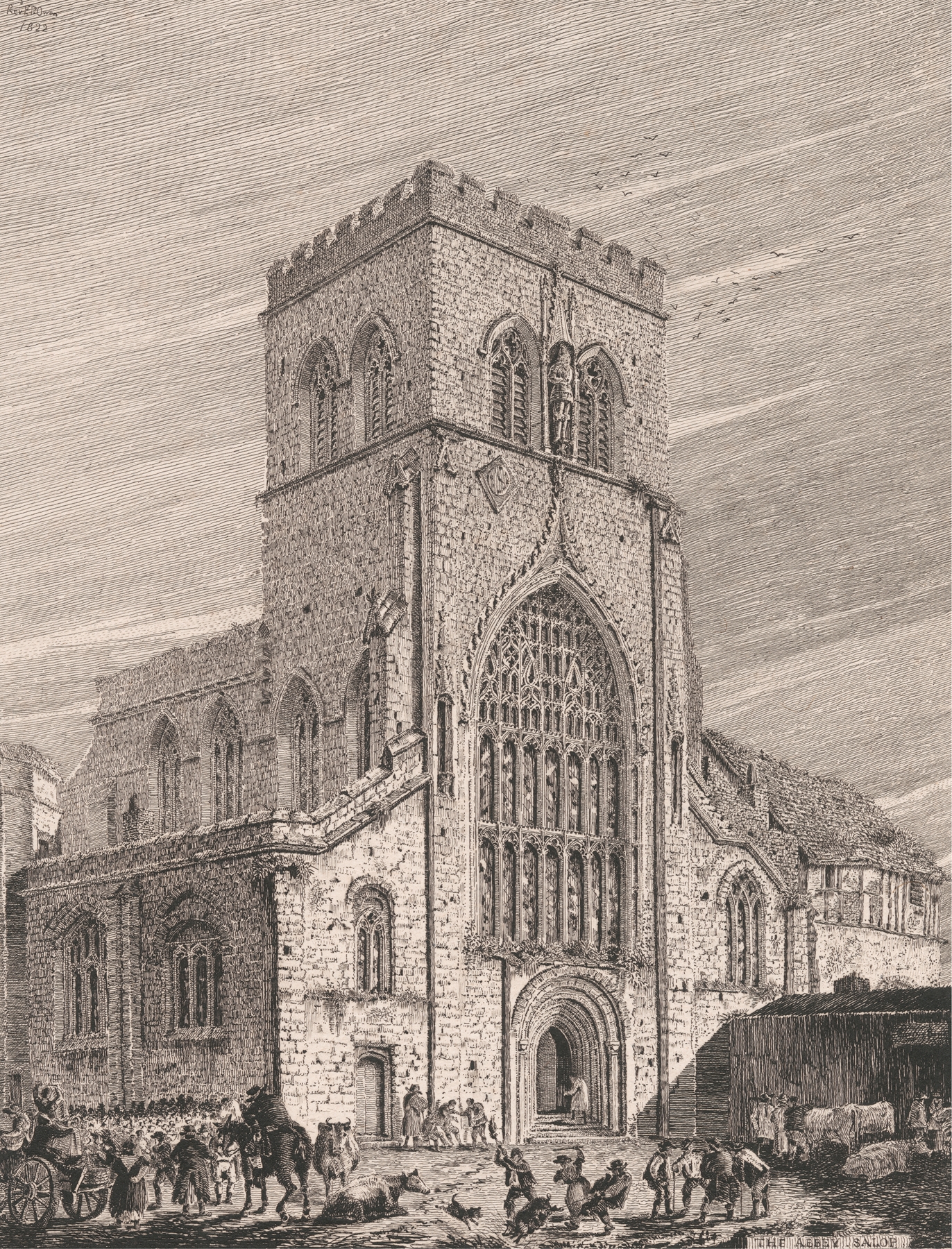 The Abbey Church, Shrewsbury by Edward Pryce Owen, oil on canvas depicting Gothic architecture with stained glass.