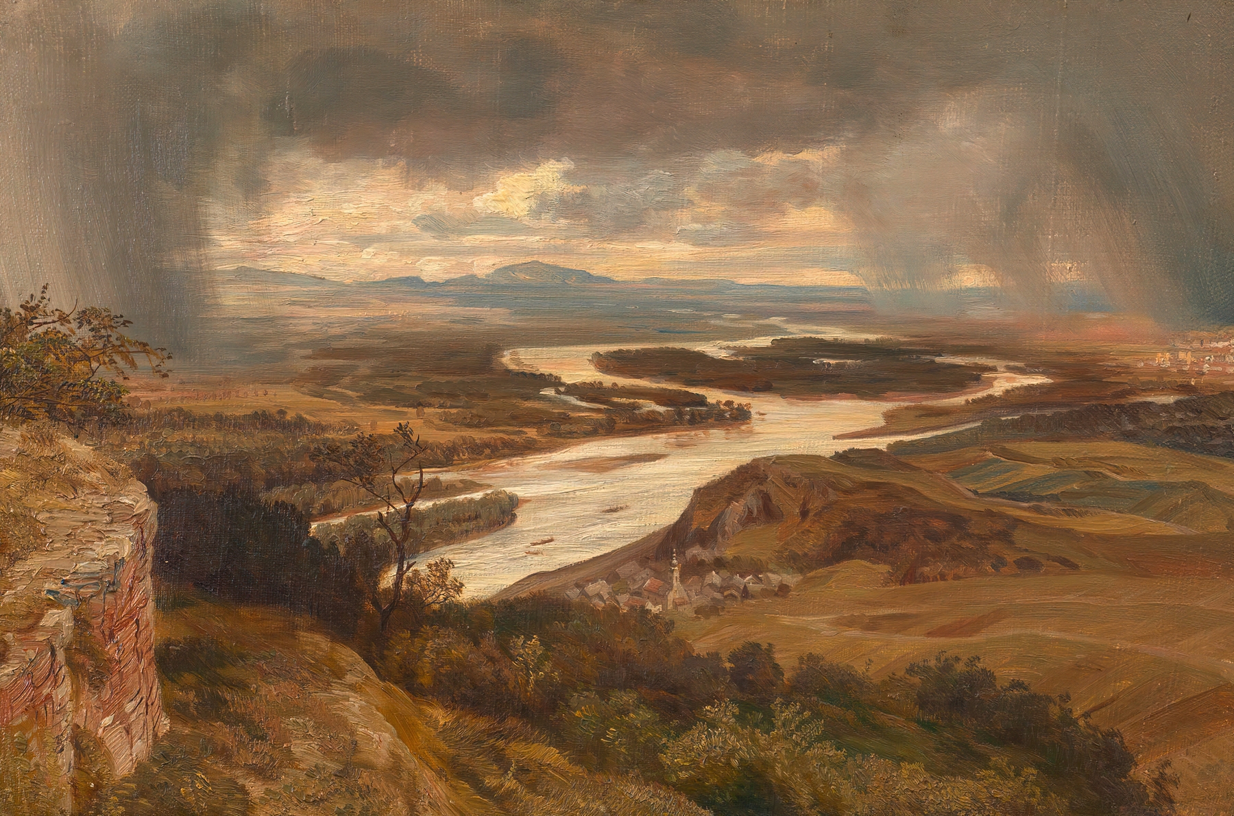 Die Donauauen bei Wien by Josef Hoffmann, depicting a tranquil river landscape, oil painting.