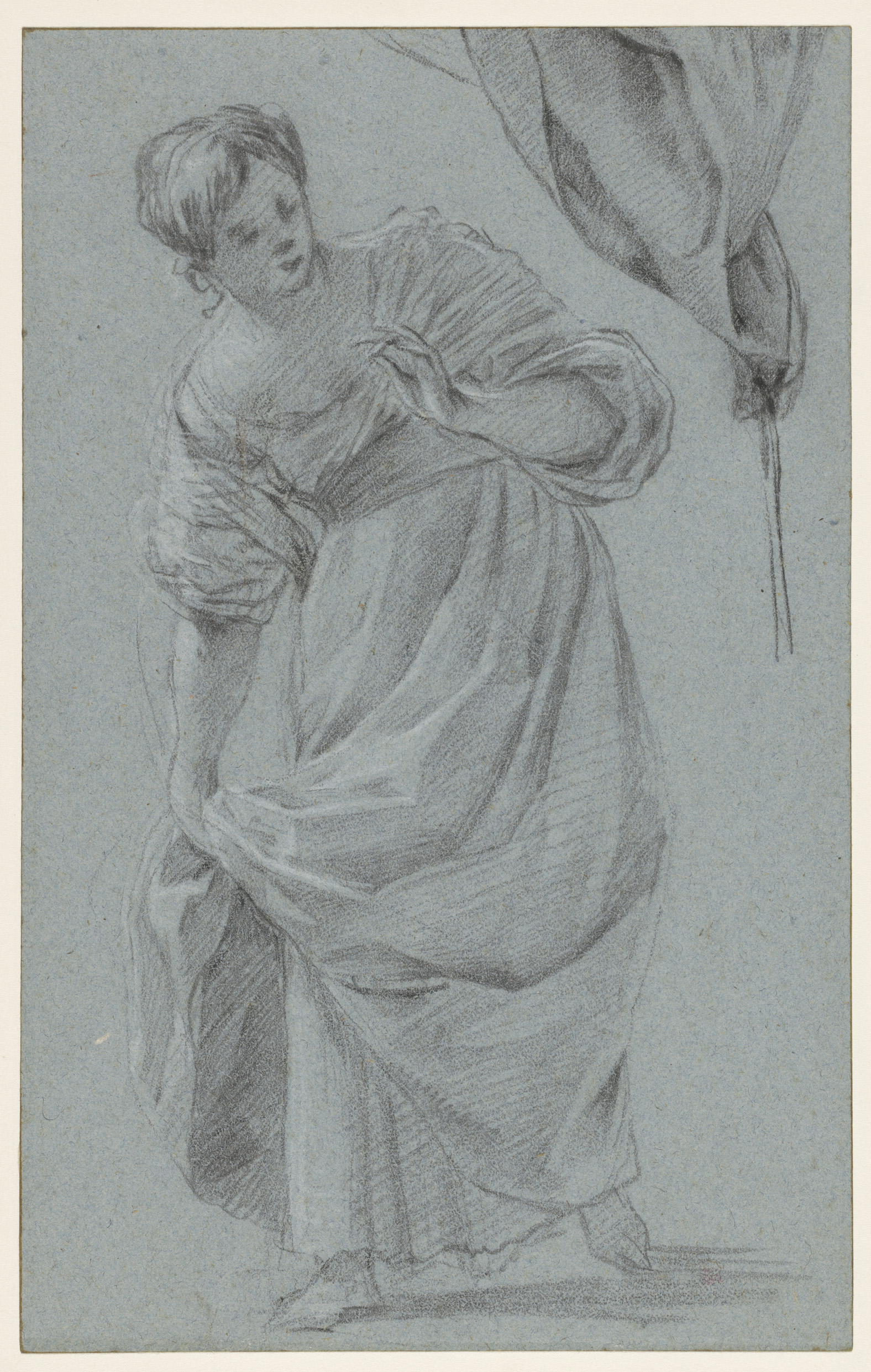 Figurative depiction of a girl lifting her skirt, paper medium by Simon Vouet