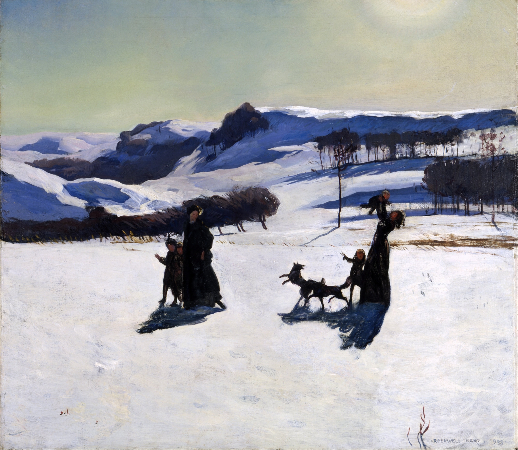 Snow Fields by Rockwell Kent, oil on canvas depicting a tranquil winter landscape.