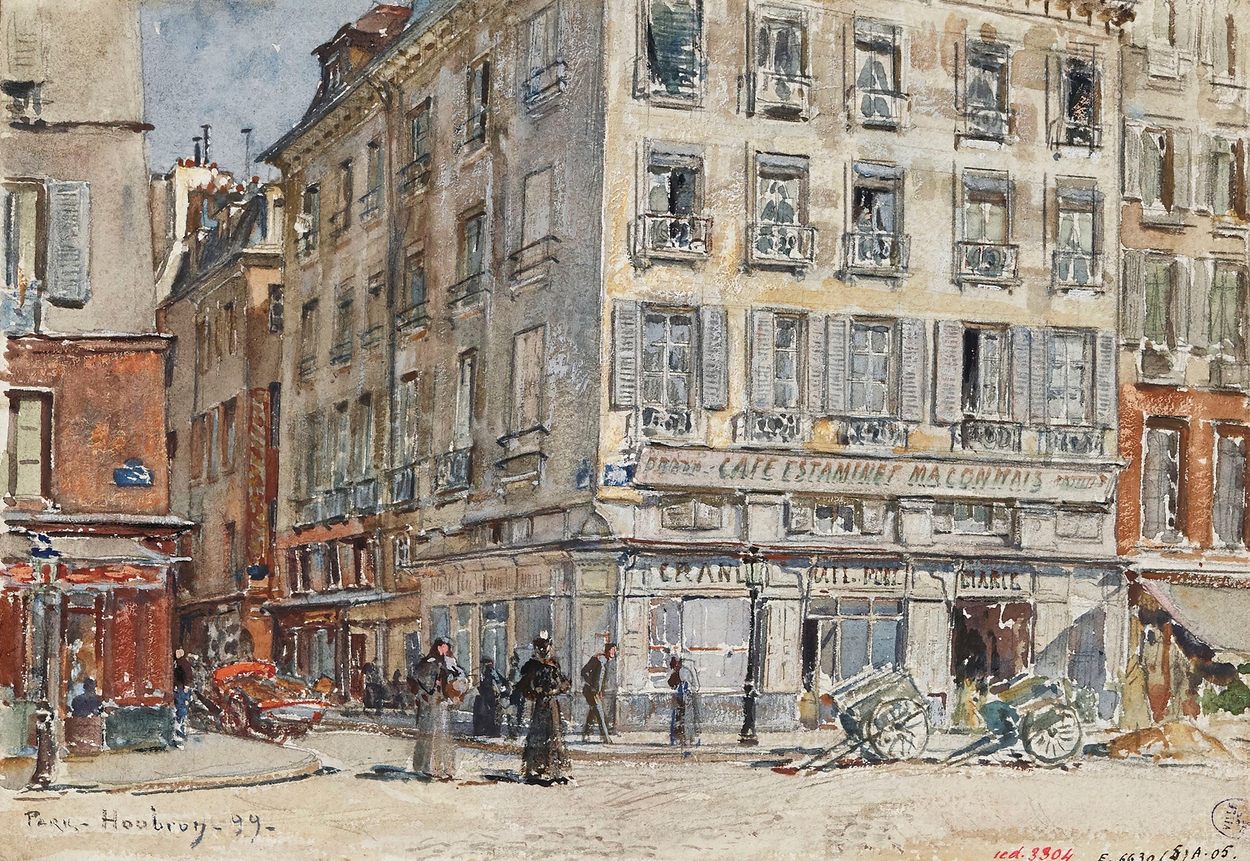 Intersection de deux rues, à Paris, en 1899 by Frédéric Houbron, oil on canvas depicting Parisian streets.