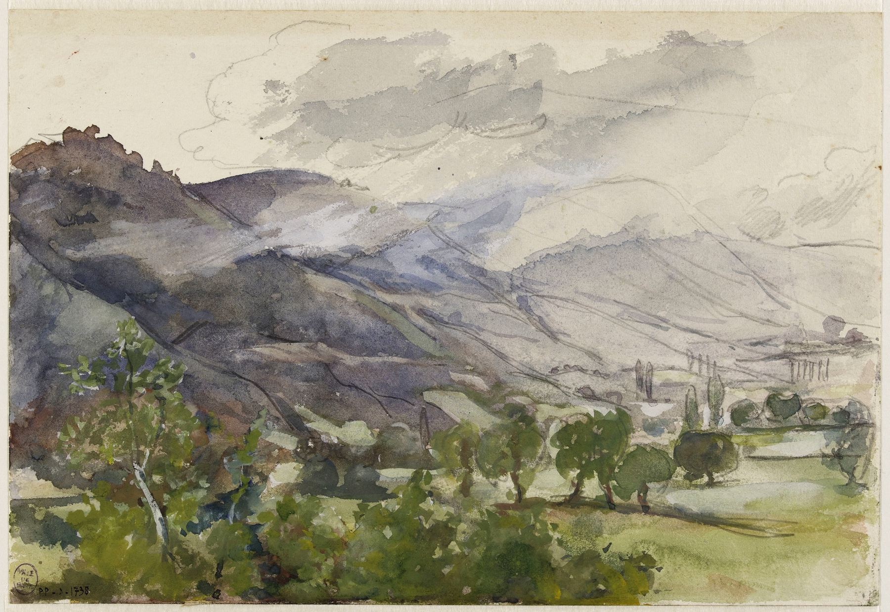 Paysage montagneux by Marie Bracquemond, oil painting depicting a serene landscape with mountains and clouds.