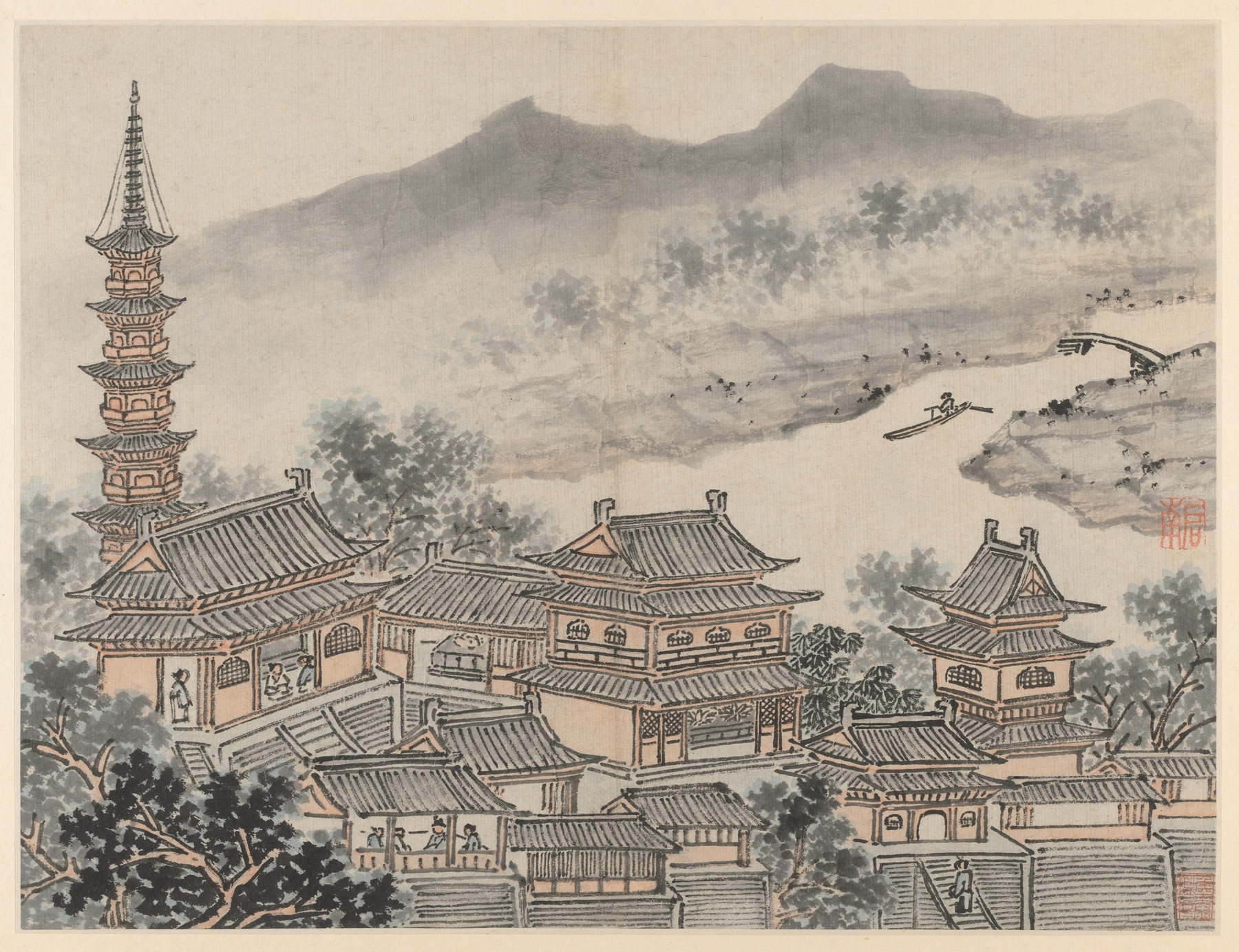 The Thousand Buddha Hall and the Pagoda of the ‘Cloudy Cliff’ Monastery, by Shen Zhou, public domain