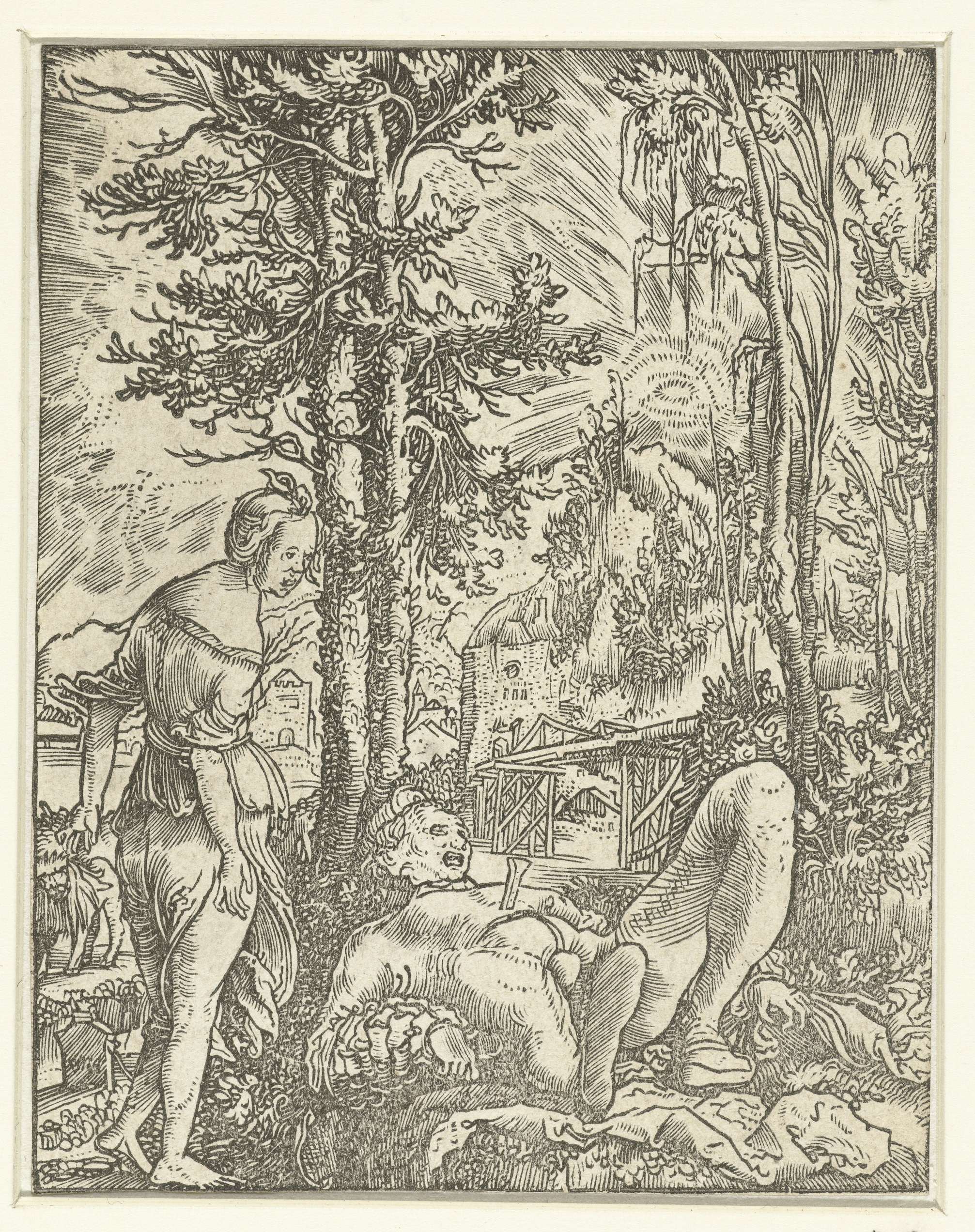 Pyramus en Thisbe by Wolfgang Huber, paper, depicts two lovers in a tender embrace with warm colors.