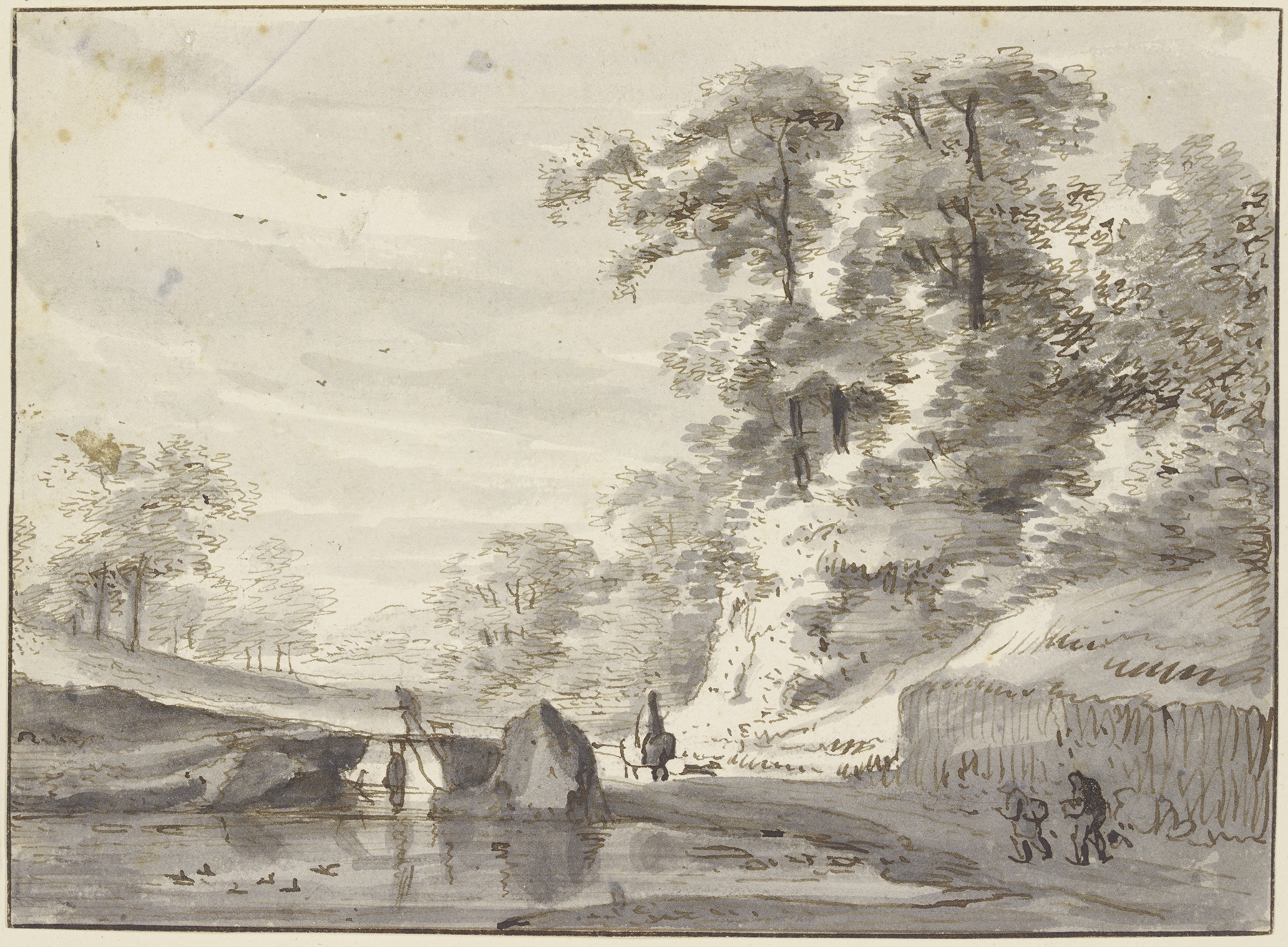 oil painting by Roelant Roghman depicting ducks on water with a bridge and forest