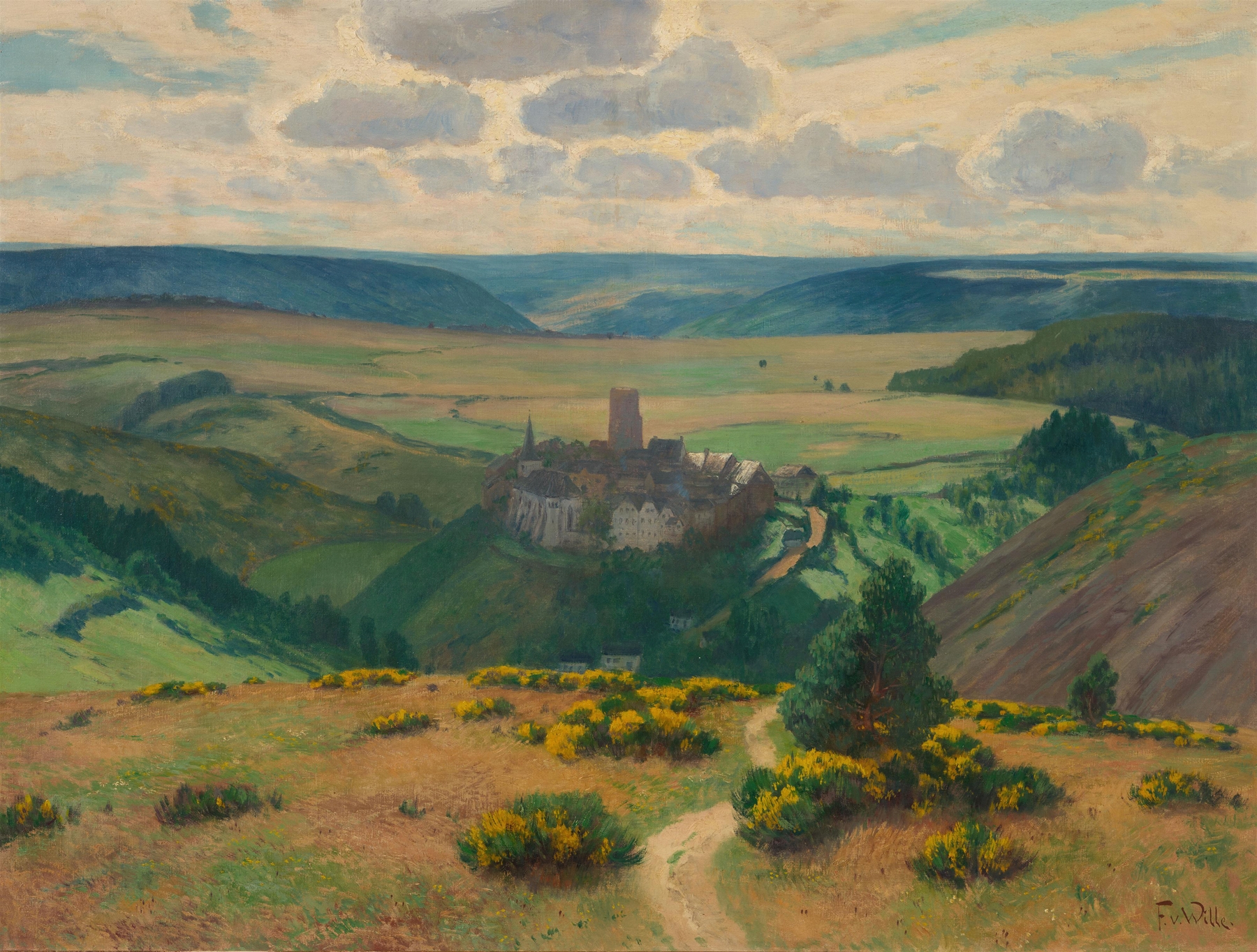Oil painting by Fritz Von Wille depicting vibrant wildflowers in a landscape.