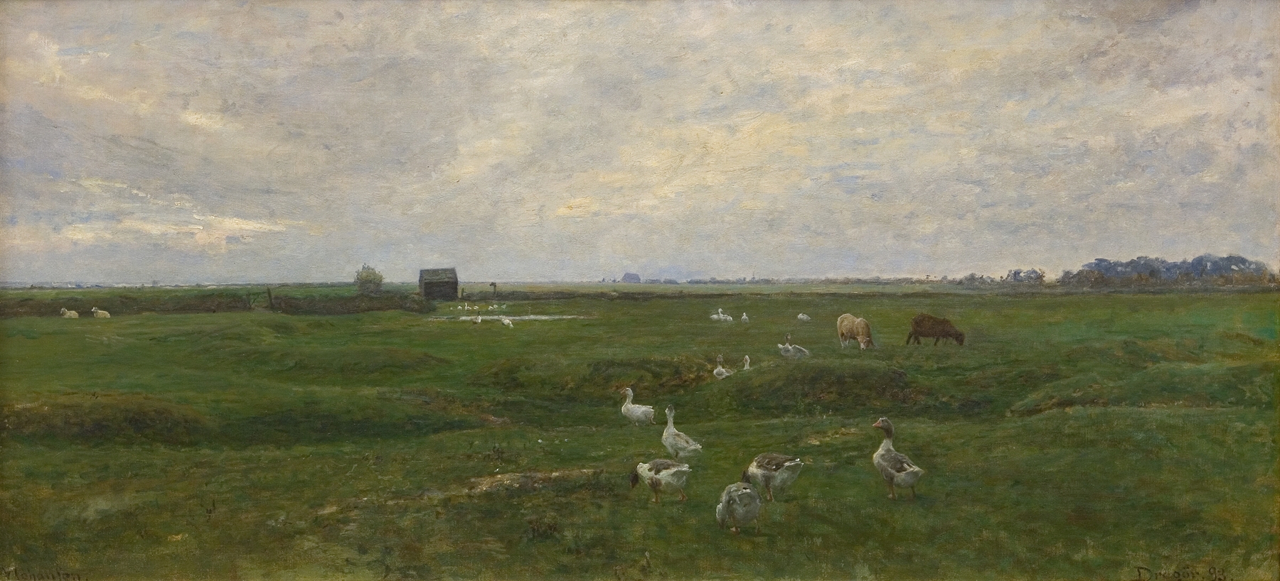 Landscape with geese by a lake, oil painting by Viggo Johansen