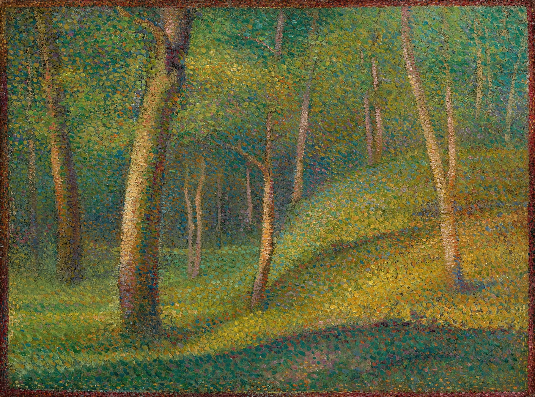 Sous-Bois by Hippolyte Petitjean, oil on canvas depicting a lush forest with vibrant colors.