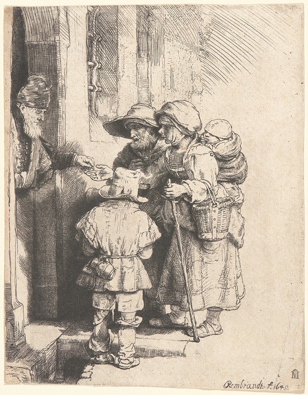 Rembrandt's painting depicts beggars receiving alms at a house door.