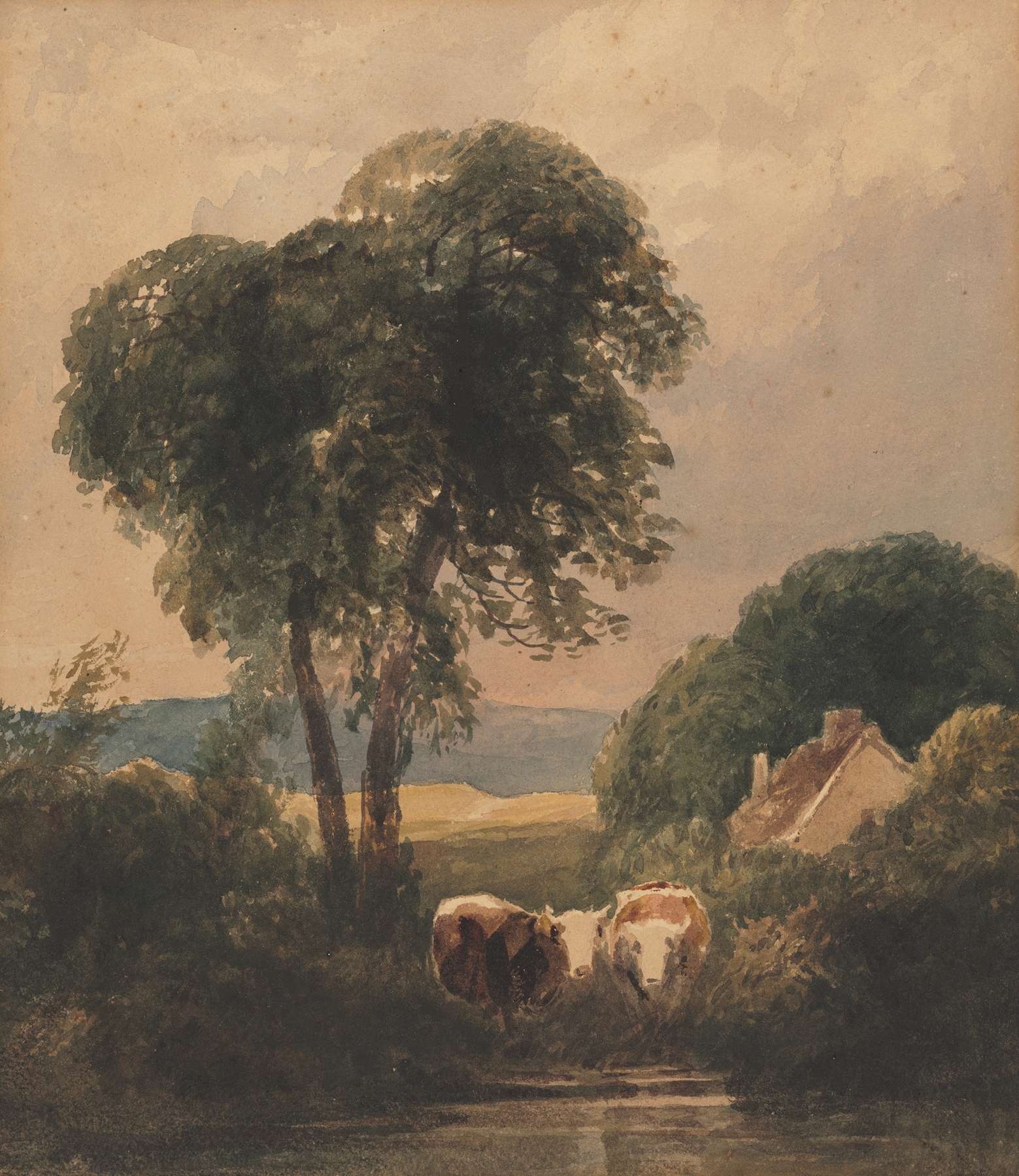 Welsh landscape with cattle, oil painting by Peter De Wint