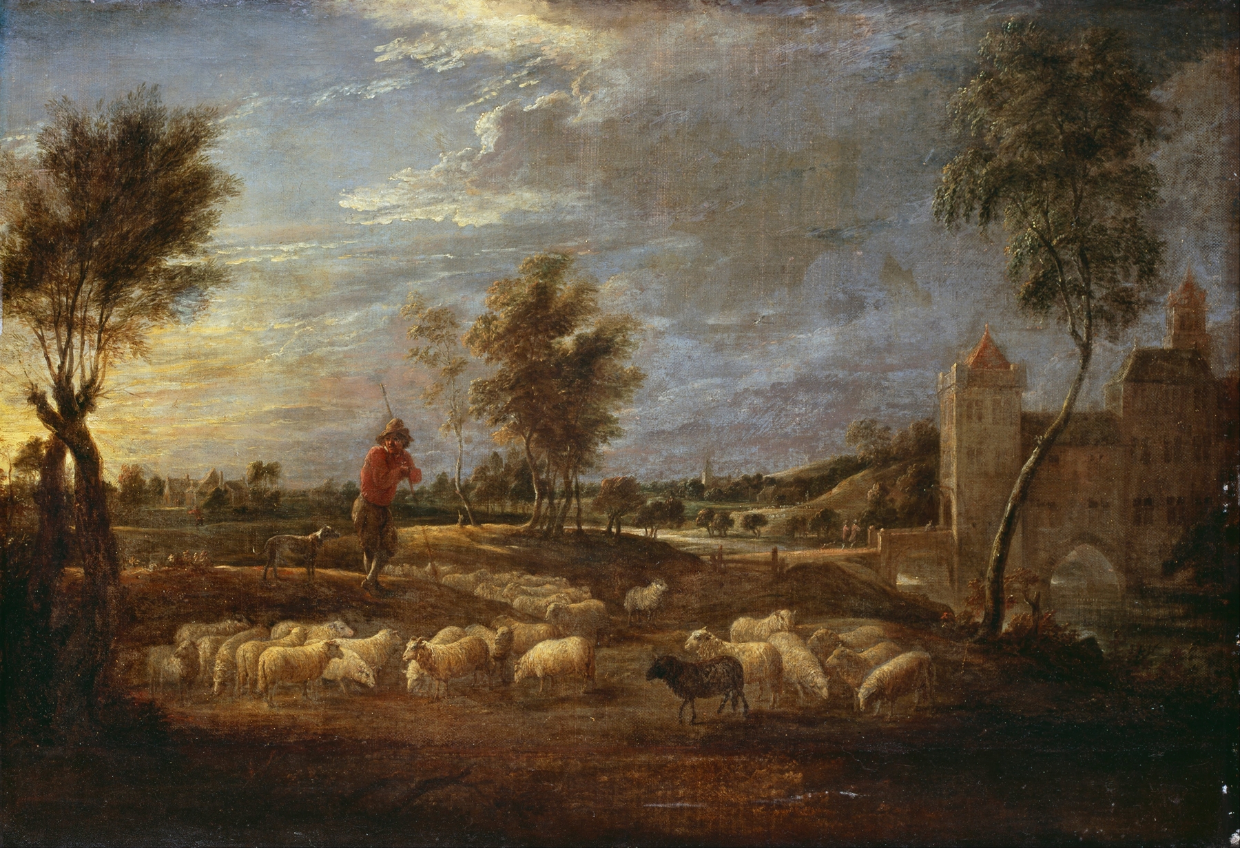 Sunset Landscape with a Shepherd and his Flock, by David Teniers the Younger, public domain