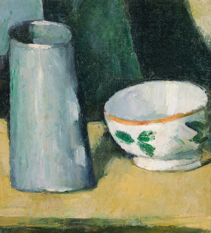 A still life painting featuring a bowl and a milk jug by Paul Cézanne.