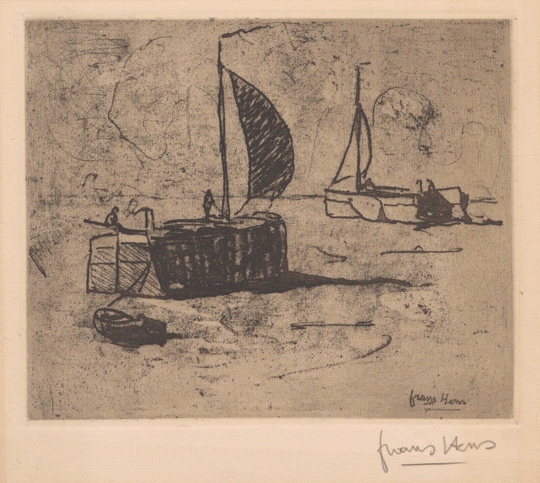 Sailingboats by Frans Hens, depicting sailboats on calm water, oil painting