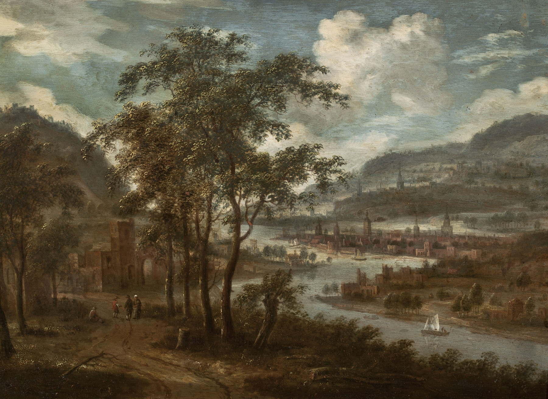View of a river valley, oil on canvas by Dionijs Verburg