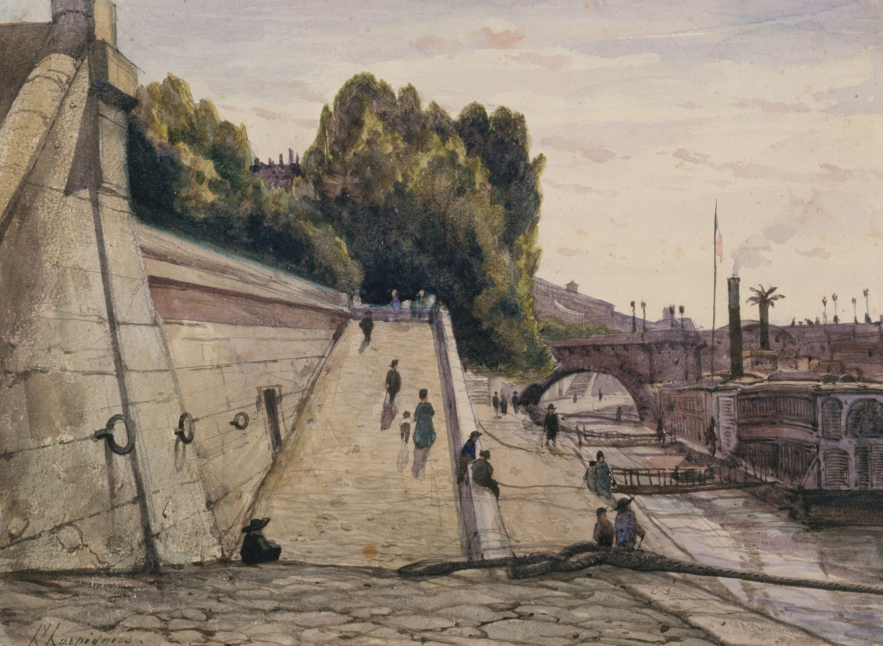 Les bains de la Samaritaine, la Seine sur le quai du Louvre, 1er arrondissement, by Henri-Joseph Harpignies, public domain