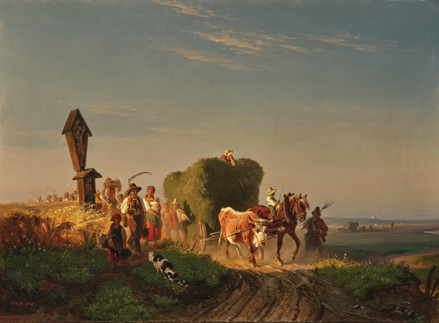 Genre scene depicting a sunset journey home after the hay harvest, oil painting by Friedrich Voltz.