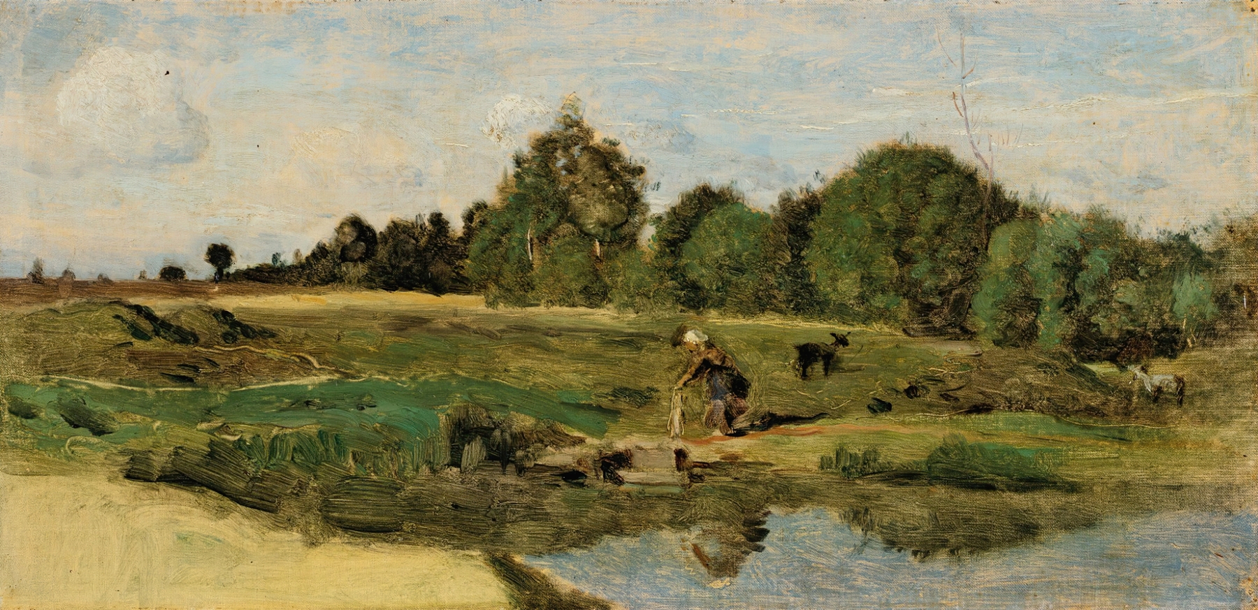 Pastures In The Sarthe by Jean-Baptiste-Camille Corot, oil on canvas depicting a tranquil landscape.
