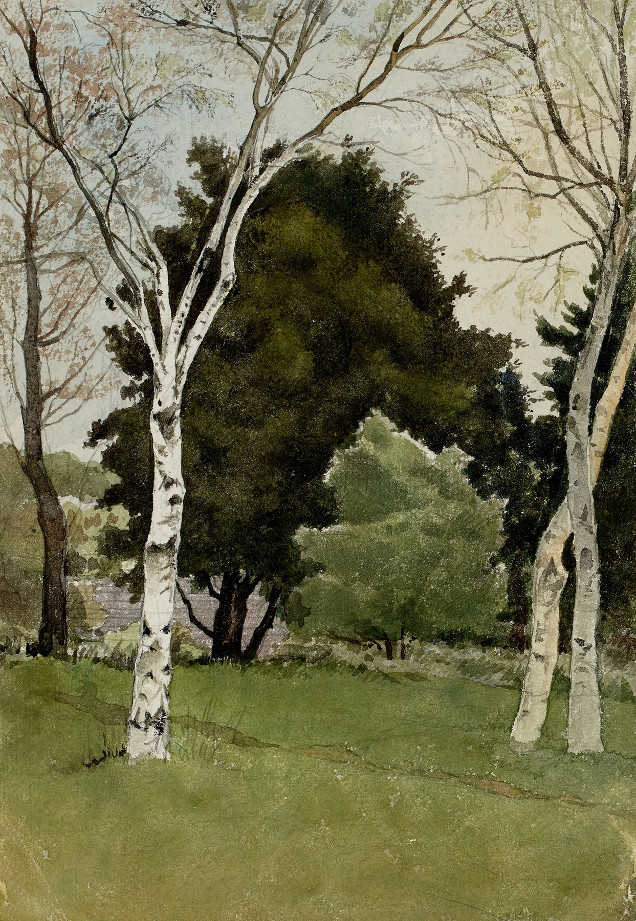 Landscape oil painting by Henri Laurent Mouren featuring a park with flowers and cobblestone path.