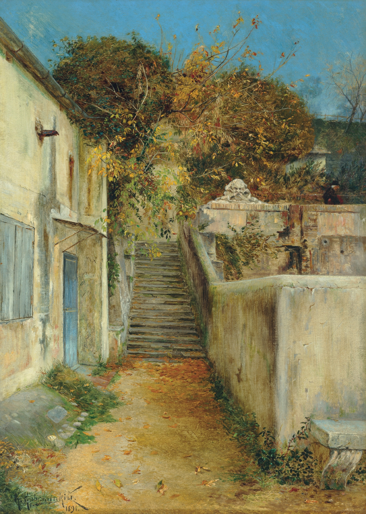 Autumn in Crimea, oil on canvas by Konstantin Kryzhitsky, depicting vibrant autumn leaves and a tranquil landscape.
