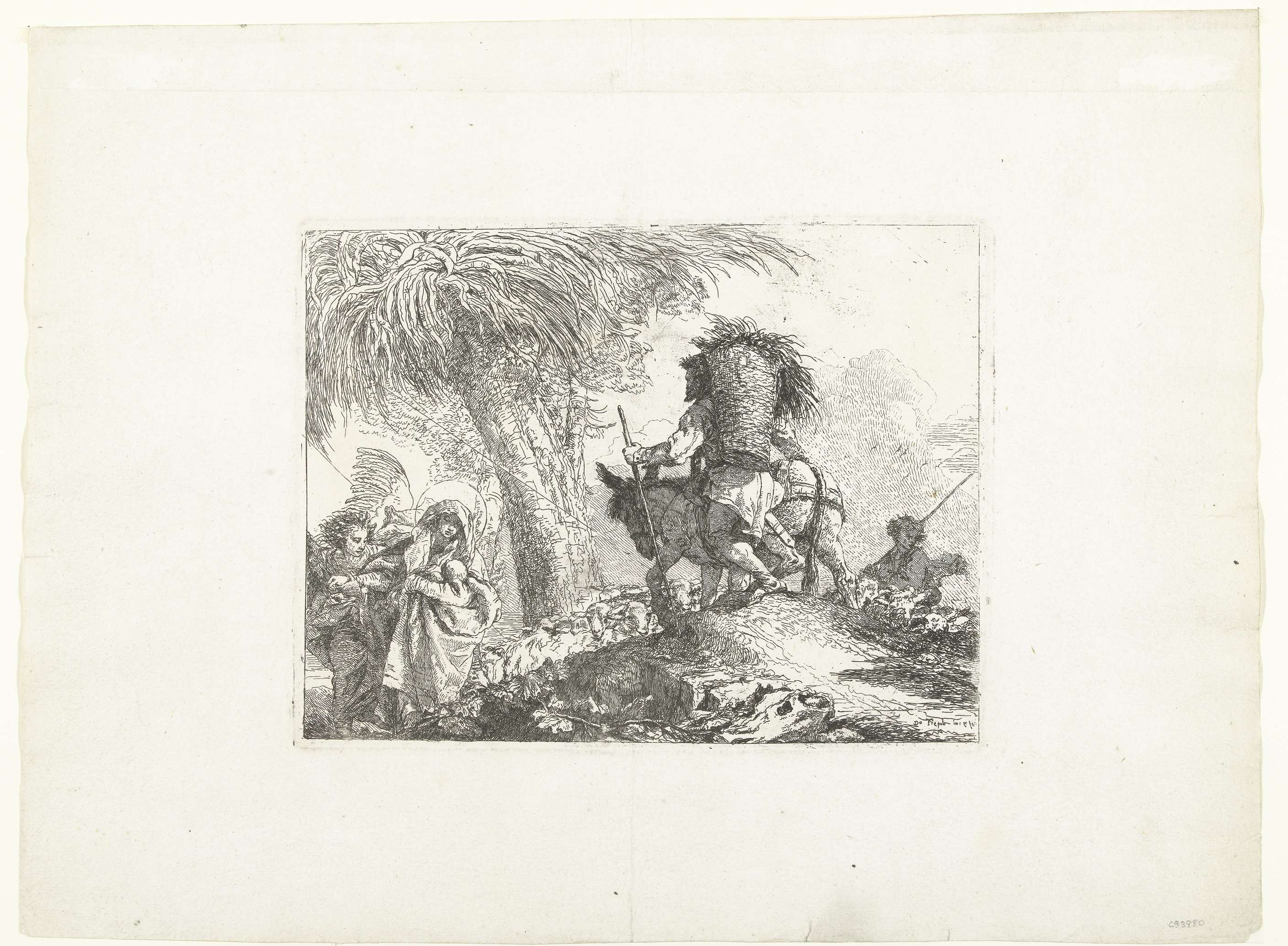 Maria met Kind ondersteund door engel en Jozef leidt ezel langs herder met schapen, by Giovanni Domenico Tiepolo, public domain