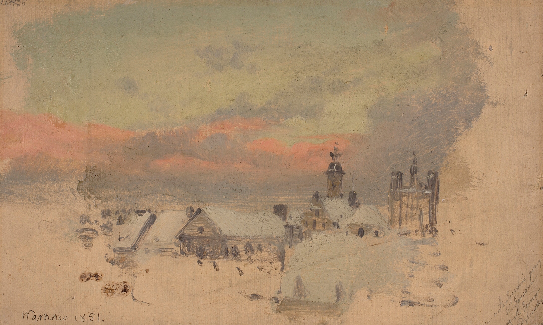 Landscape at sunset by Wojciech Gerson, depicting rooftops and golden light.