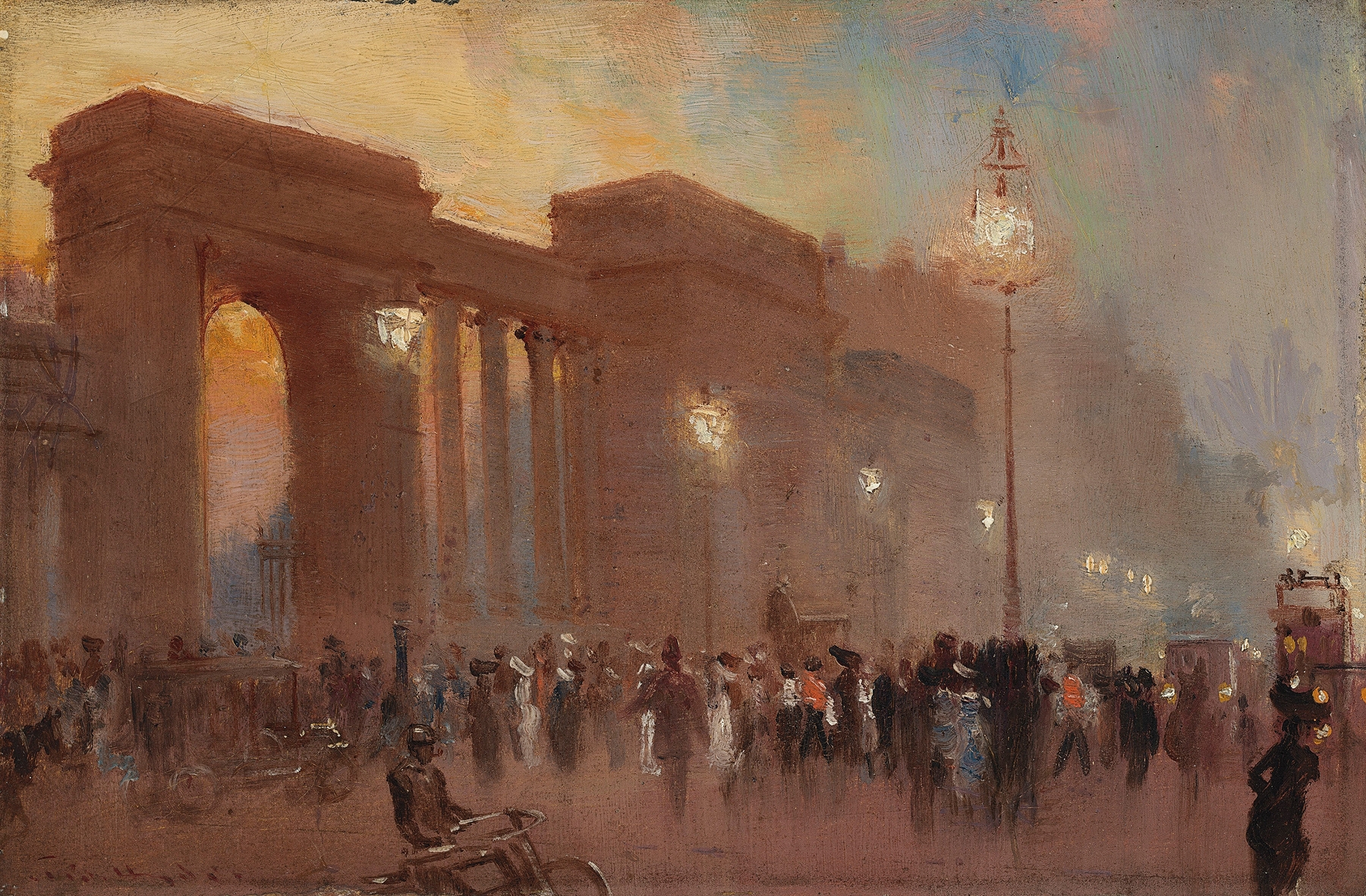 Landscape oil painting by George Hyde Pownall depicting figures in Hyde Park during summer evening