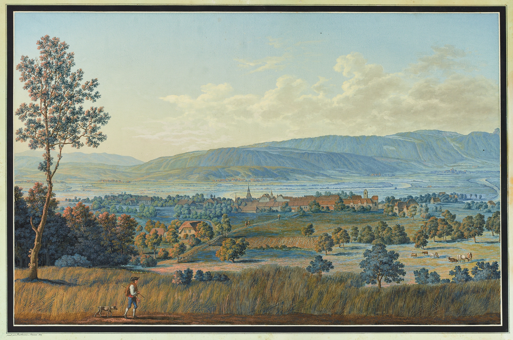 Landscape depicting a town in a valley with rolling hills, by Johann Joseph Hartmann