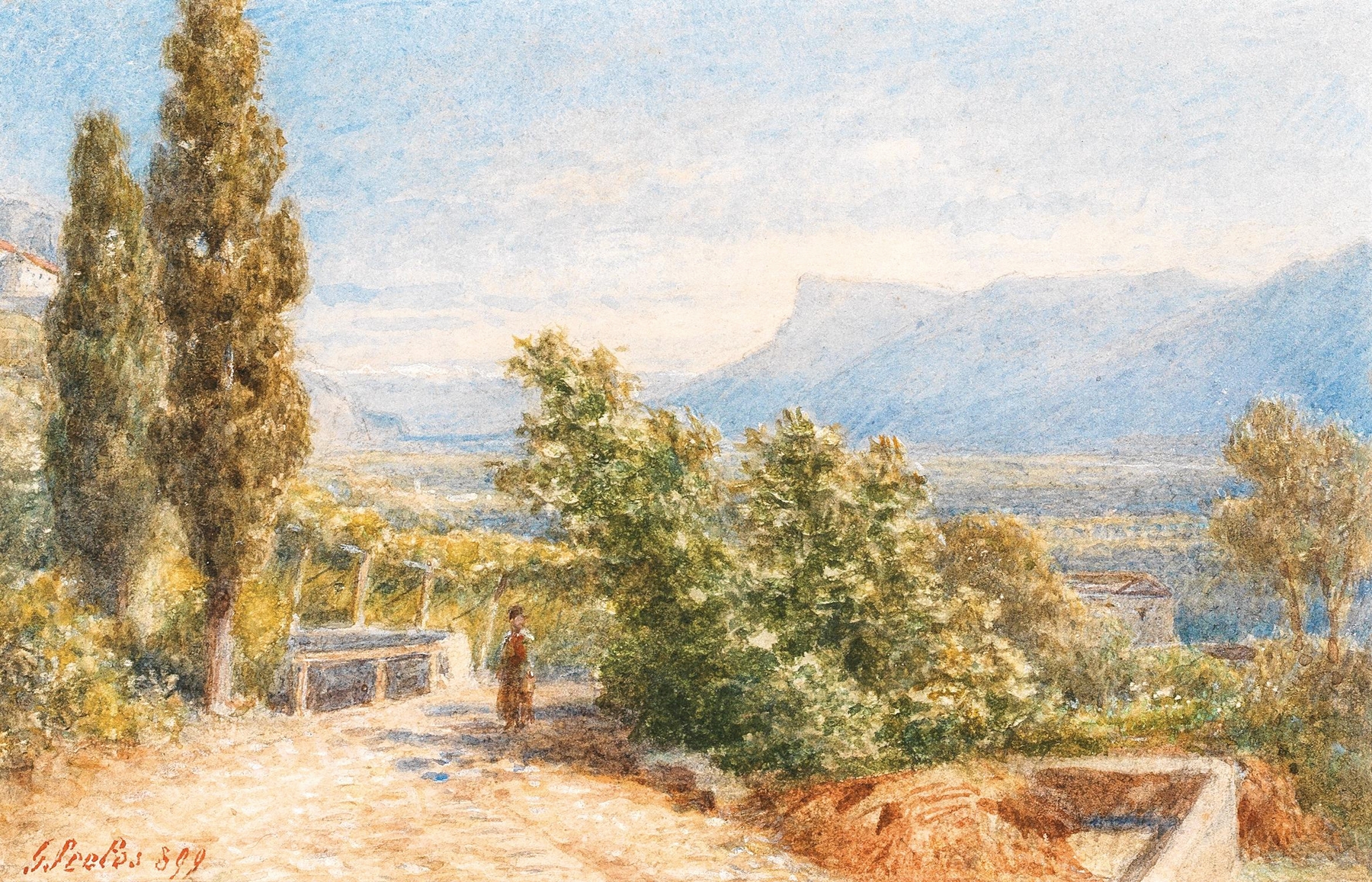 Landscape in the South Tyrol, oil on canvas by Gottfried Seelos featuring mountains and figures