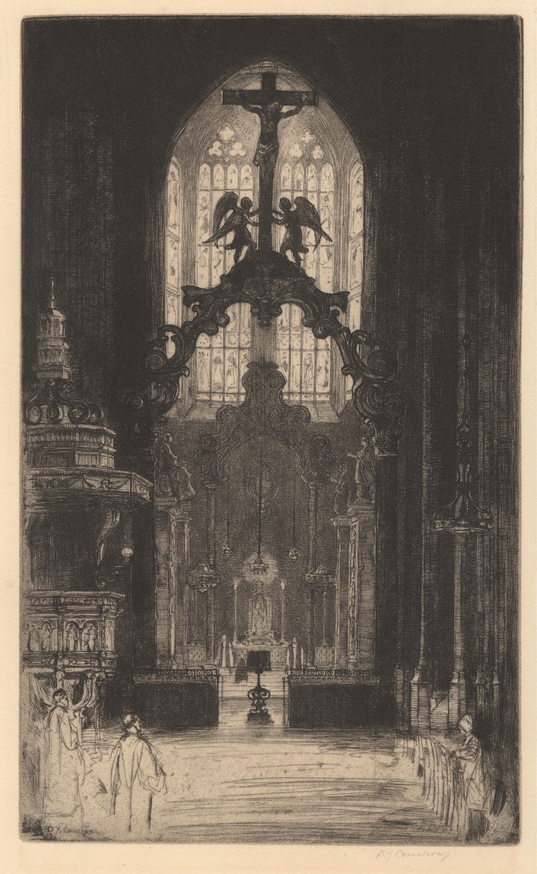 Engraving by David Young Cameron showing Christ on the crucifix with emotional contrast.
