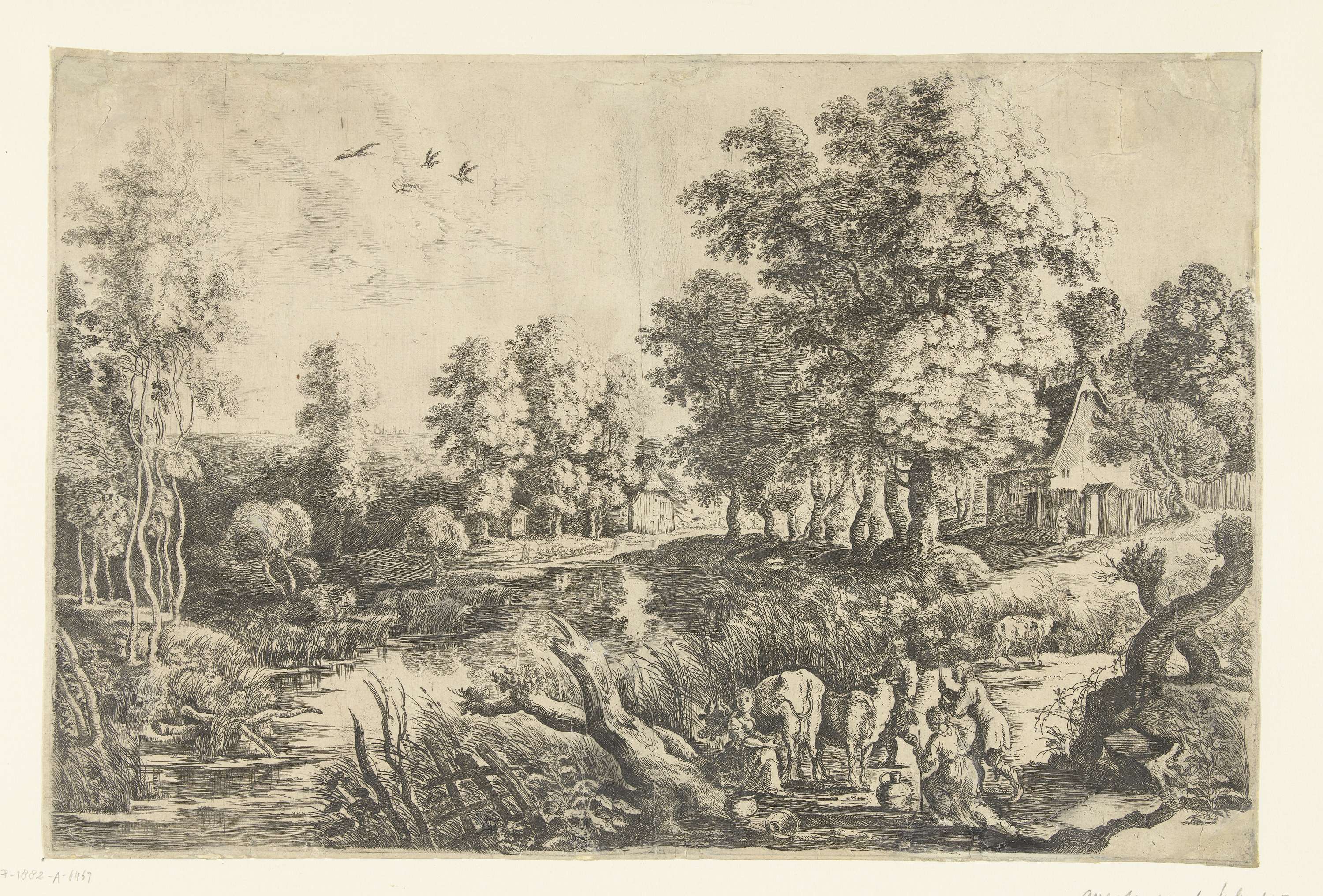 Farmers with cattle by a river, etching by Lucas van Uden