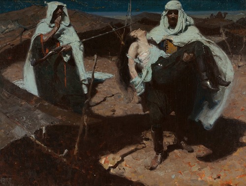 The Desert Healer by Dean Cornwell depicts a healer in a vibrant desert landscape.