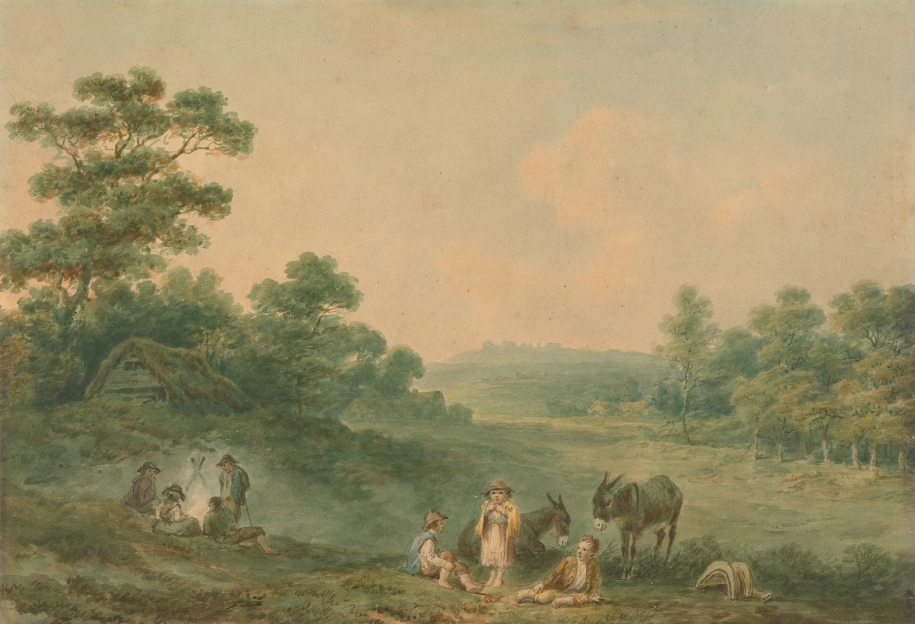 Landscape with Gypsies, oil on canvas by Nicholas Pocock, depicting gypsies under a vast sky.