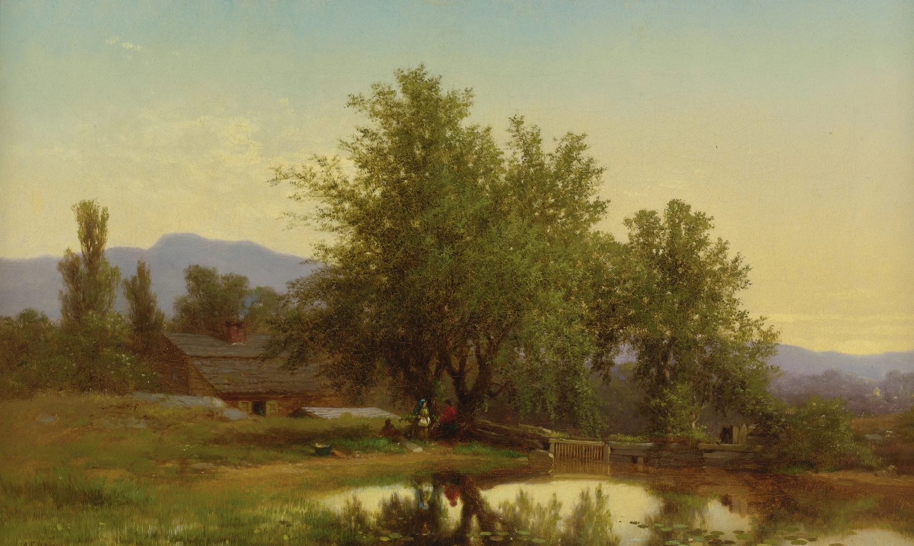 Landscape with Pond, Barn and Figures by Albert Fitch Bellows, oil painting showing a mother and child near water.