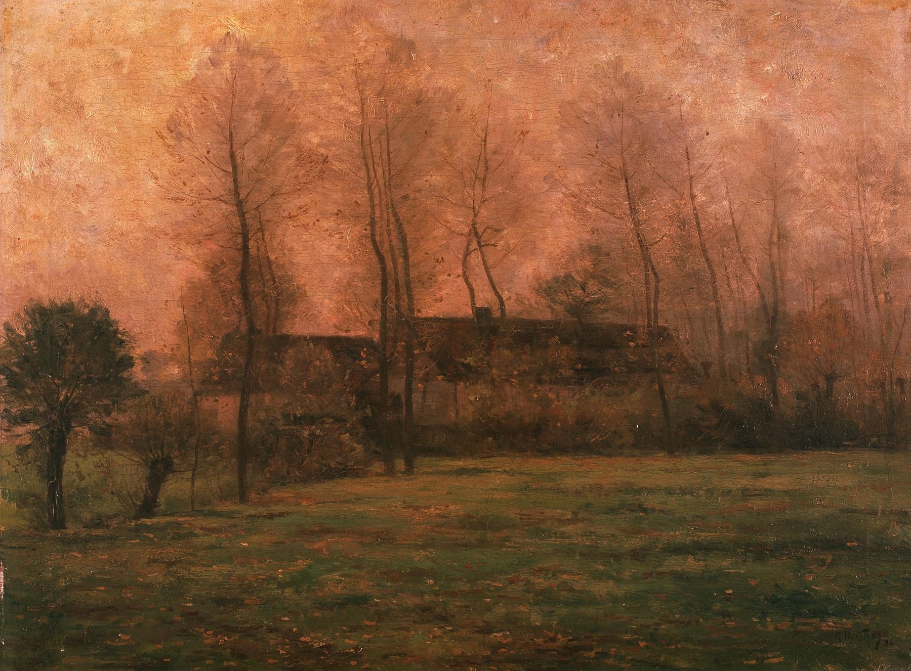 Farm at Dusk by Rodolphe Wytsman, oil painting depicting a tranquil landscape at twilight.