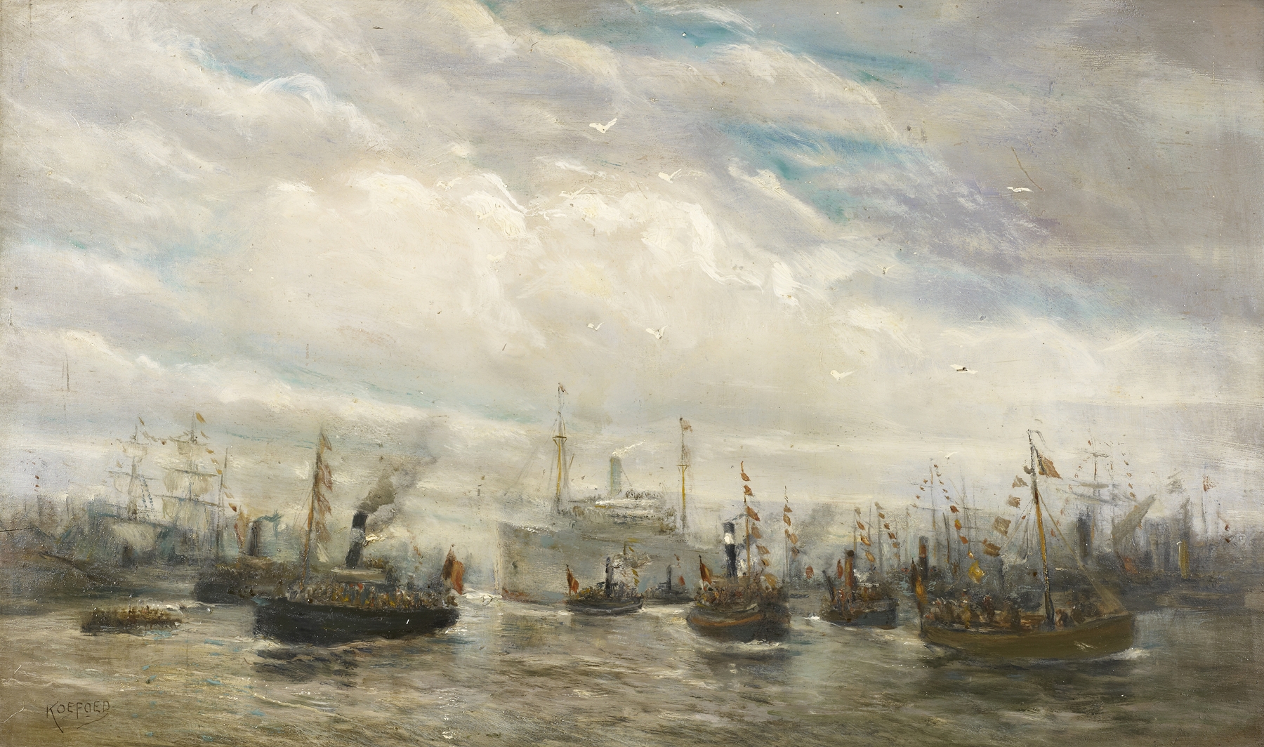 Marine scene featuring the ship 'Albertville' by Jef Koefoed, oil painting