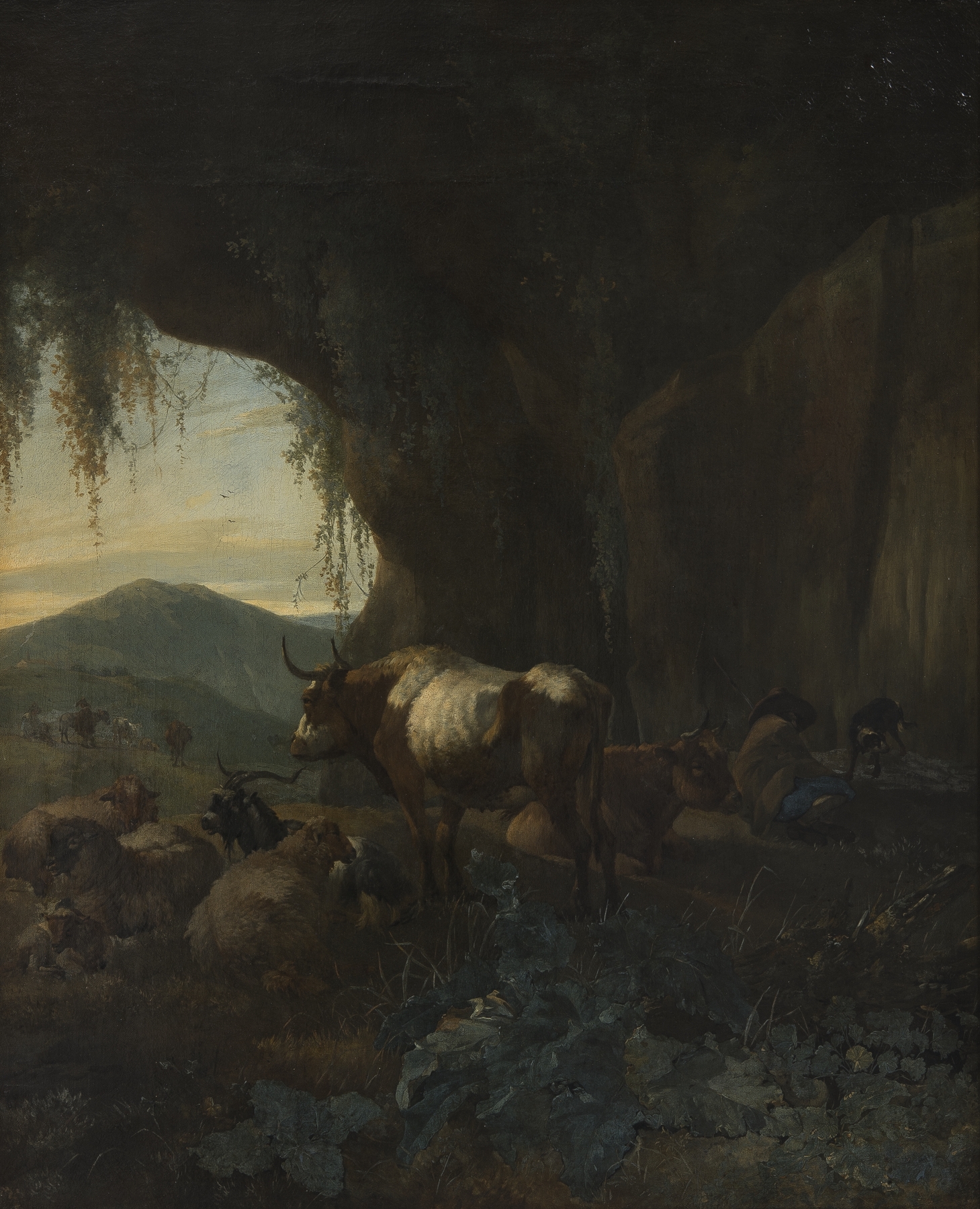 A Shepherd and Cattle in a Cave, by Willem Romeyn, public domain