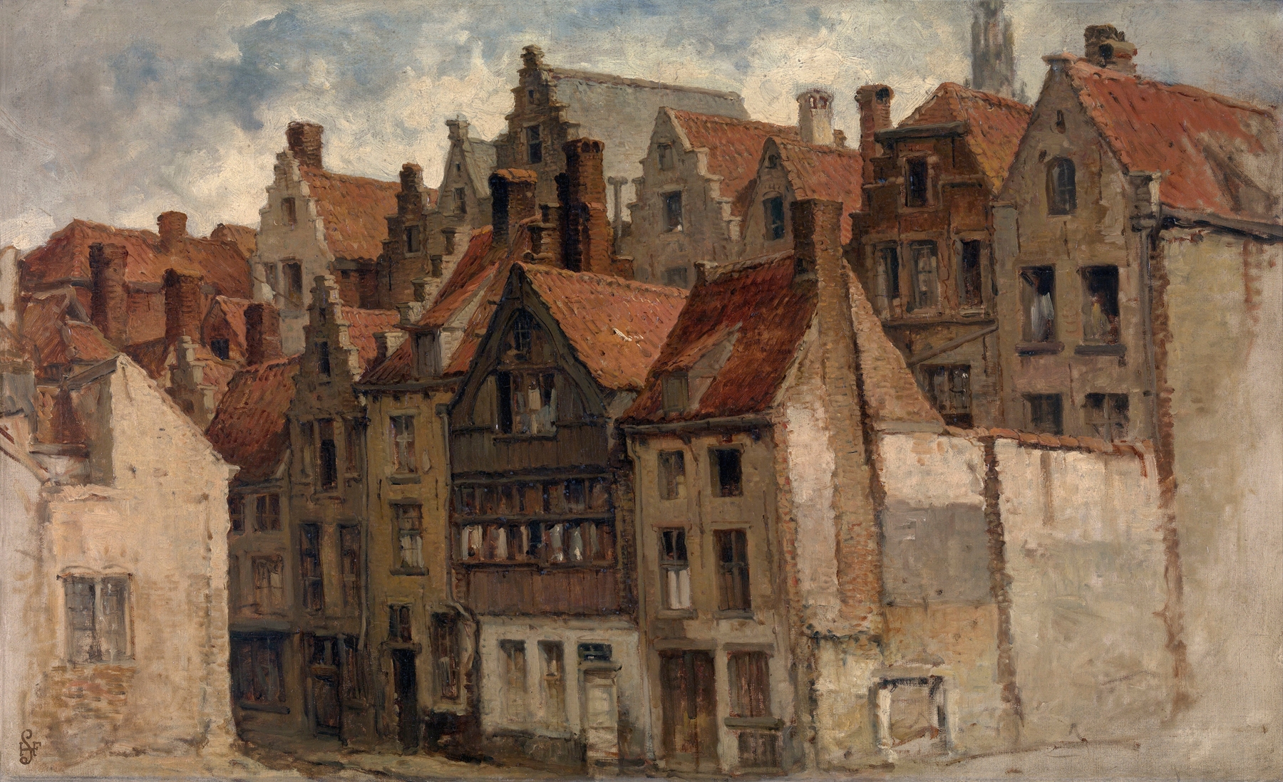 Old Houses by Henri François Schaefels, oil on canvas depicting weathered buildings and serene landscapes.