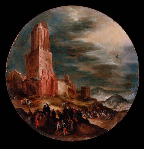 A painting depicting the road to Golgotha with figures carrying the cross.