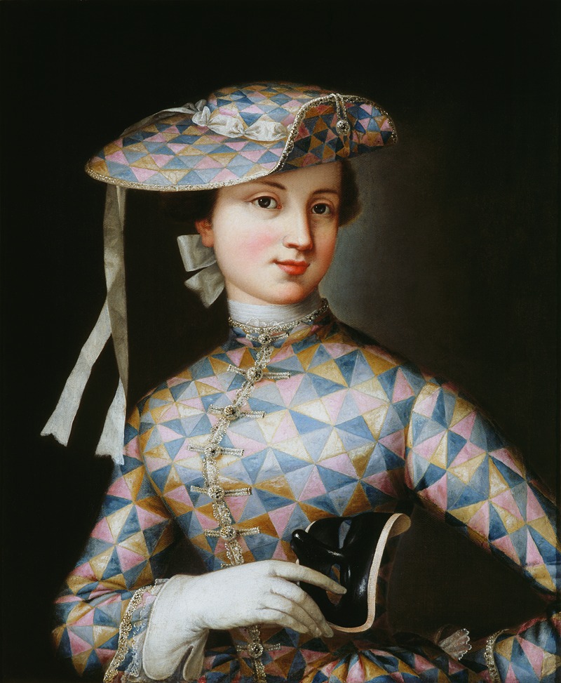 A portrait of a lady with a harlequin costume, showcasing Watteau's signature style.