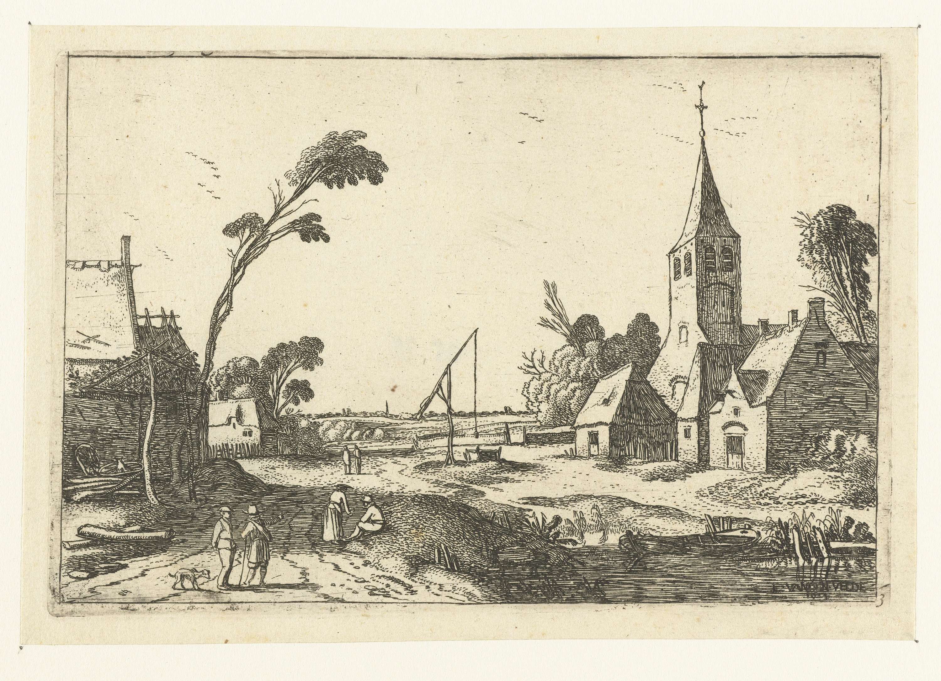 Dorpsgezicht met boerderijen, kerk en waterput by Esaias van de Velde, etching of a rural village scene.