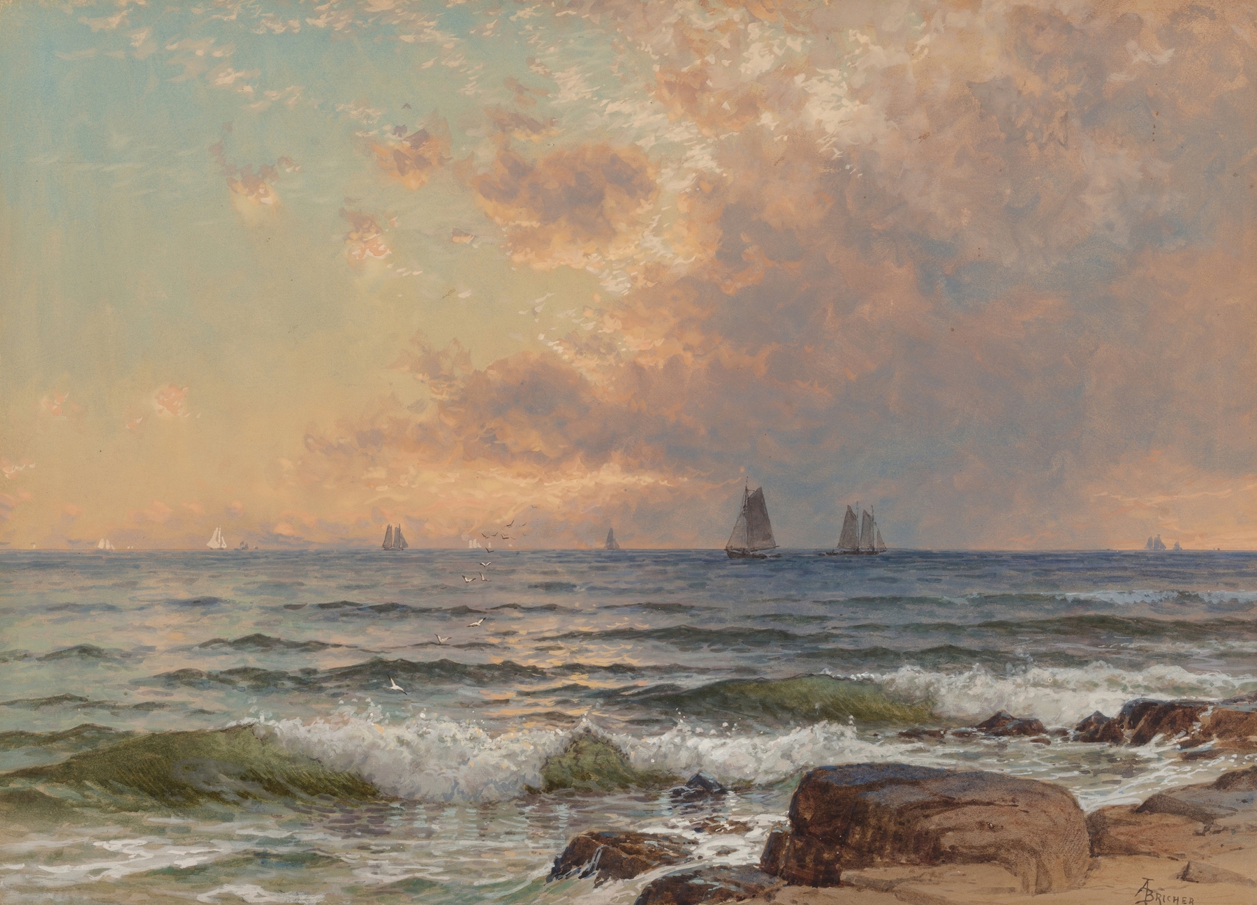 Marine scene with sails at sunset, oil painting by Alfred Thompson Bricher