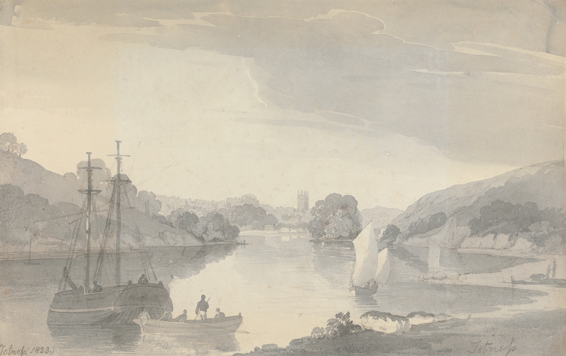 Landscape of Totness by John Baverstock Knight, oil painting depicting a river and town.