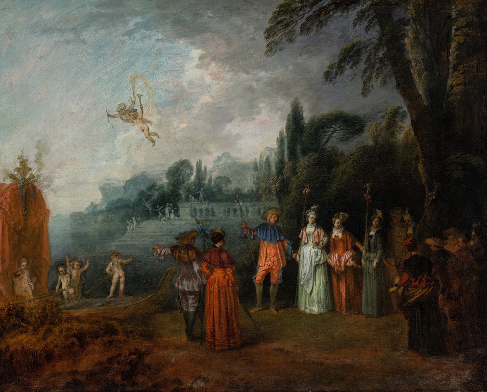 Watteau's 'The Embarkation for Cythera' depicts a romantic scene of lovers preparing to depart for the mythical island of Cythera.