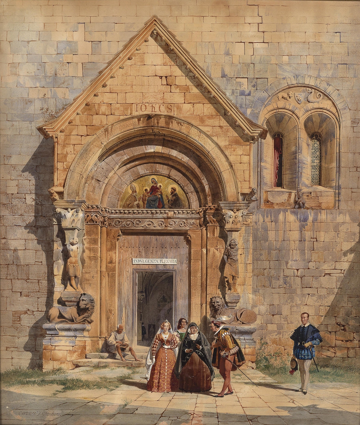 Figurative scene with church portal and figures by Carl Friedrich Heinrich Werner, oil on canvas