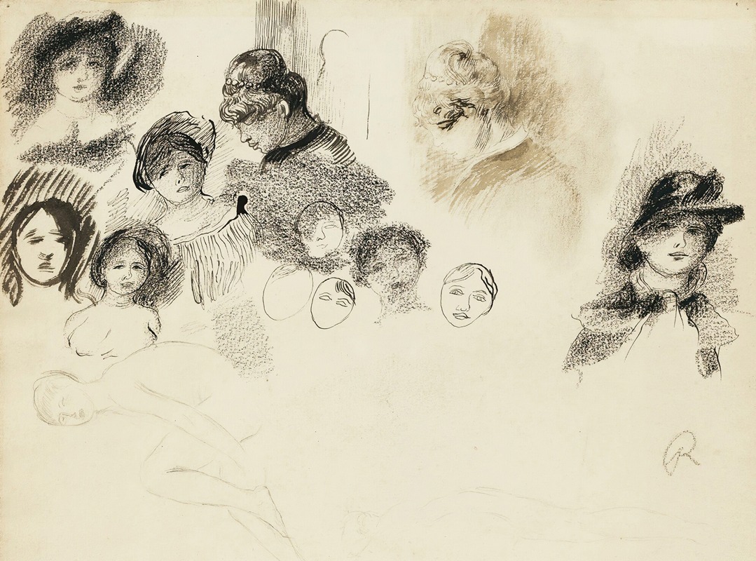 A study of women's heads by Renoir showcasing his Impressionist style.