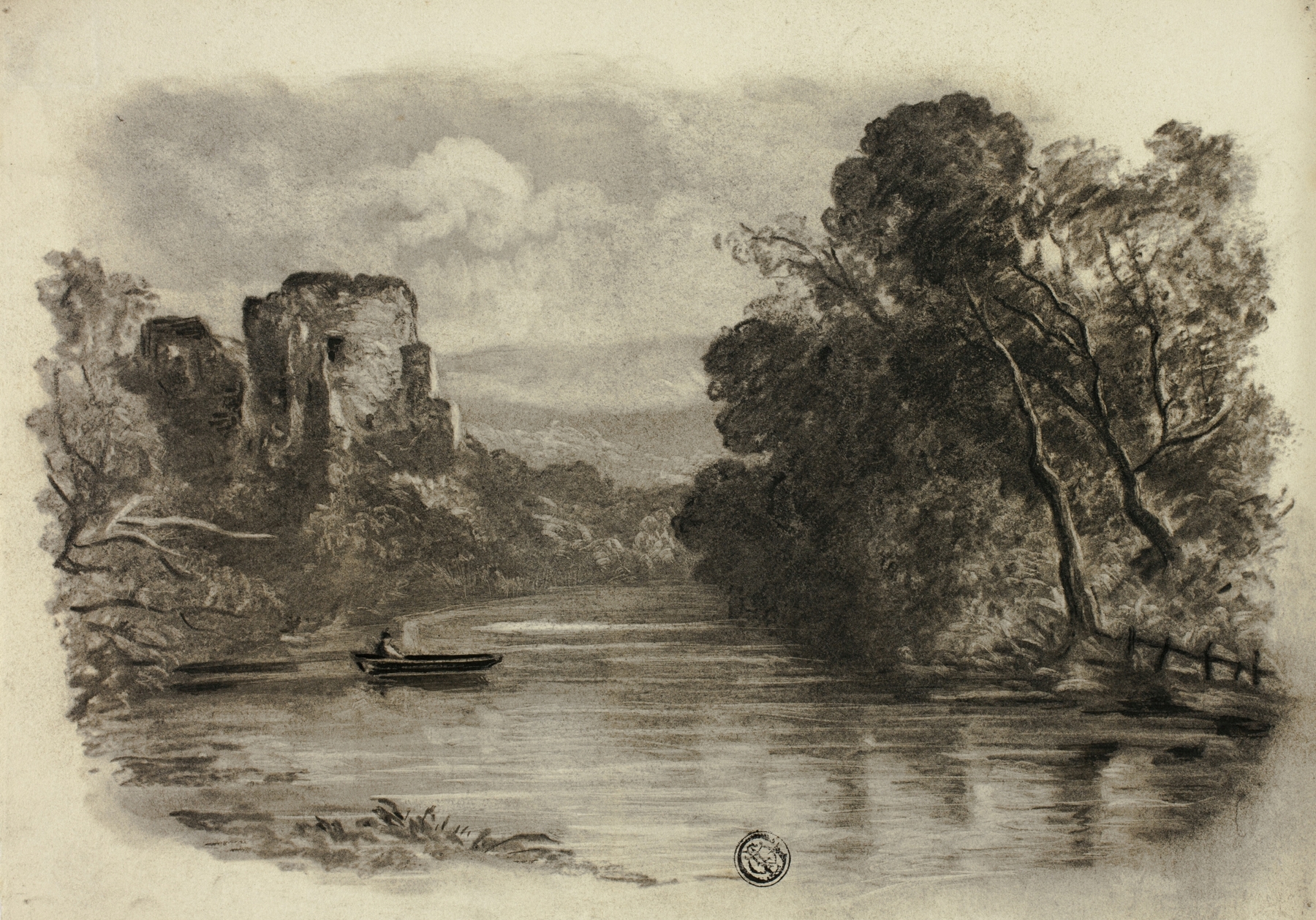 River with Castle Ruin and Boat II, by Elizabeth Murray, public domain