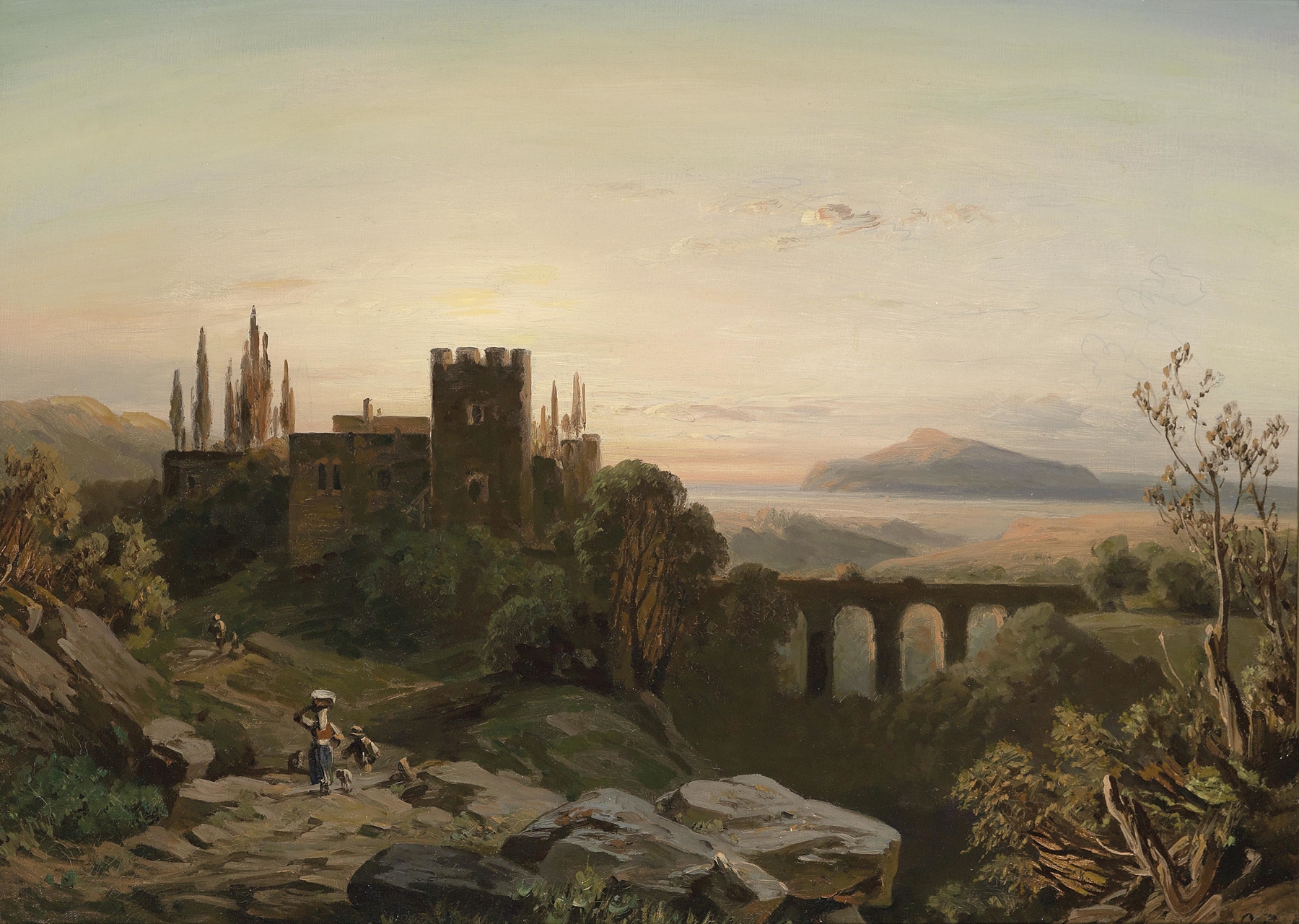 Landscape with sunset and clouds, oil painting by August Seidel