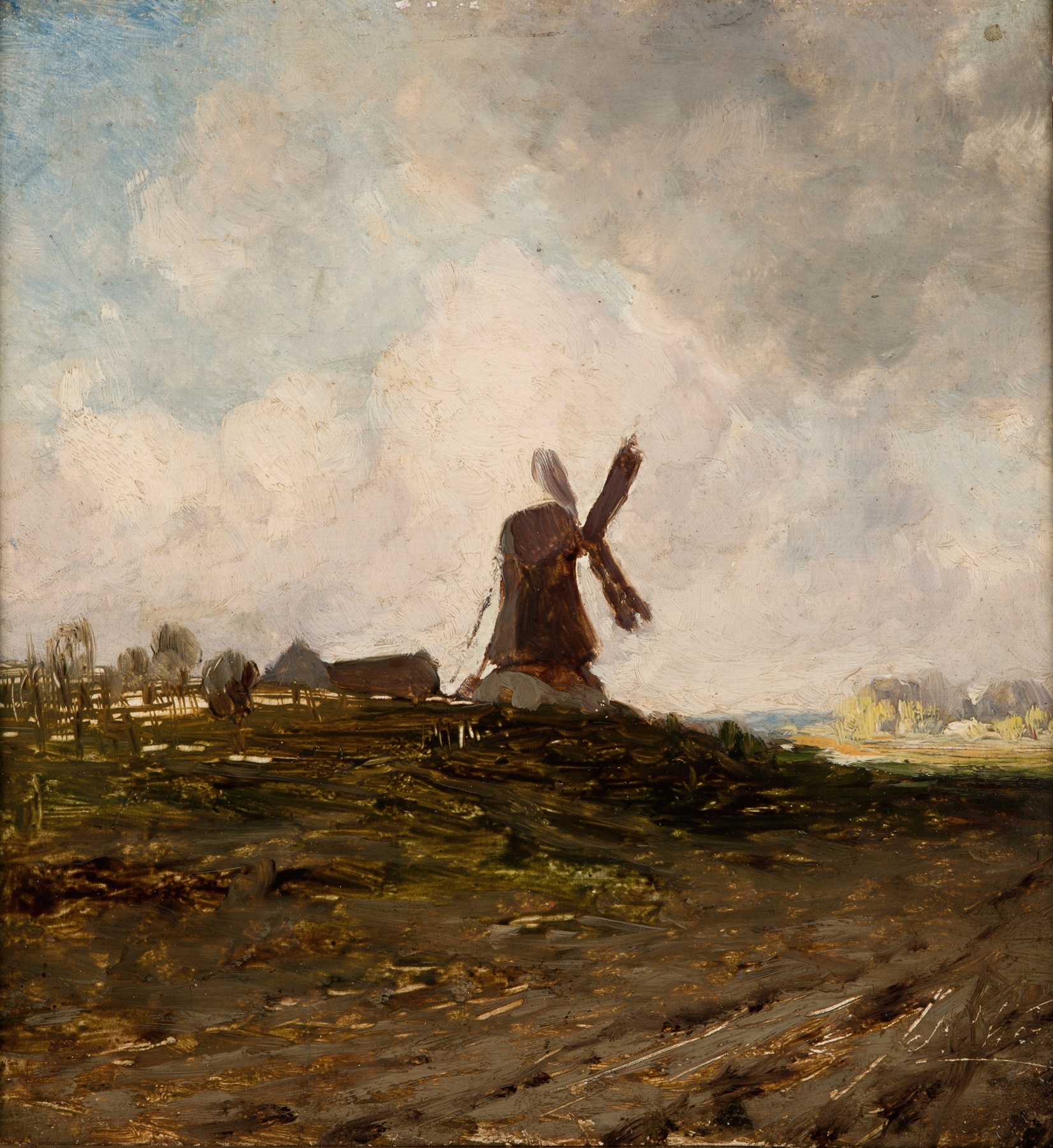 Landscape with a Windmill by Antoni Kozakiewicz, oil on canvas depicting a windmill under a stormy sky.