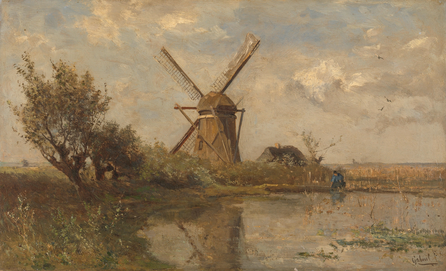 Windmill on a pond, oil painting by Paul Joseph Constantin Gabriël