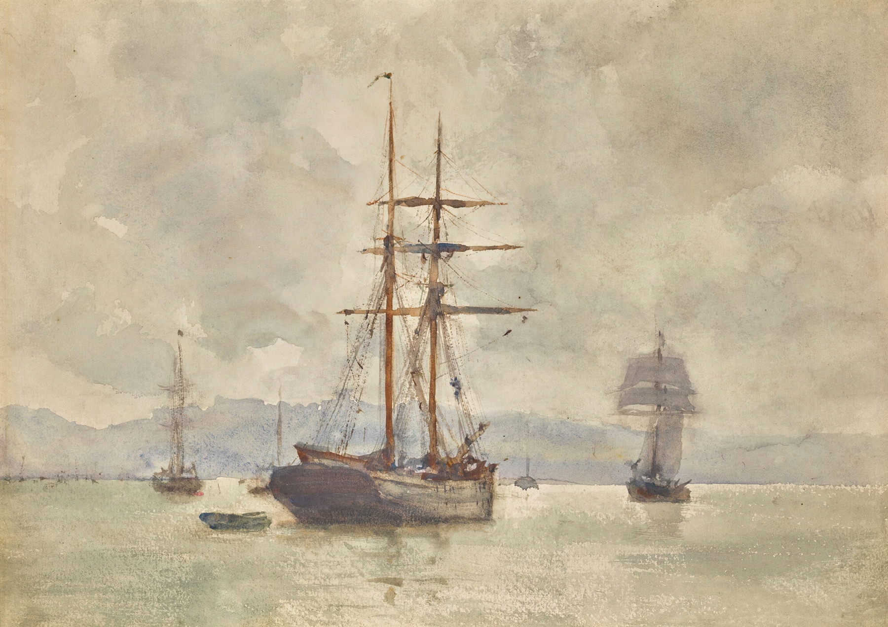 Sailing Ships At Anchor, by Henry Scott Tuke, public domain